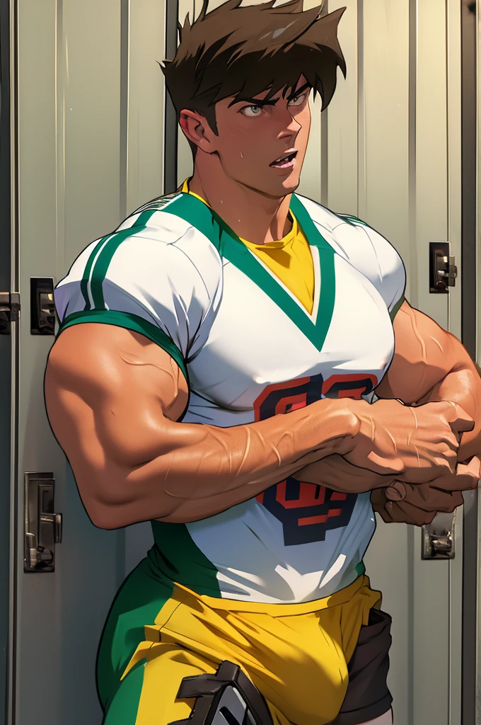 Jounouchi Katsuya from Yu-Gi-Oh, bodybuilder, sweaty, defined body, big legs, locker room, leaning against the lockers, wearing football uniform, vapid stare, sweaty body, big bulging crotch, shoulder pads, football jersey, football cleats, football pants, hypnotized blank stare, open mouth, hyper muscles, hyper swollen crotch bulge, bro, dumber, IQ drain, dummy, dumbed down, meathead, musclehead, dumb jock, brainwashed, flexing, hyper crotch bulge, big biceps, big triceps, big traps. broad shoulders, big meaty pecs, big thighs, thick glutes, bubble butt, hyper muscles, football team assimilation, brainwashed, brainwashing, glowing eyes, bro, mindless, mindless bliss, "I am a big dumb jock boy.... I am a big dumb jock boy.... Mindless, brainless, meathead jock.... I am a big dumb jock boy.... Make more jocks.... Join the team.... You'll be a big dumb jock boy.... Obey, be a good dumb jock boy.... Grow to a big dumb jock boy....  Become just a big dumb jock boy.... No more than a big dumb jock boy.... Give up. Give in. Transform. Enjoy the fate of a big dumb jock boy. No thoughts for a big dumb jock boy.... Like me, you're a big dumb jock boy.... I am a big dumb jock boy.... Just be a big dumb jock boy.... Must be a big dumb jock boy.... No more than a big dumb jock boy...."