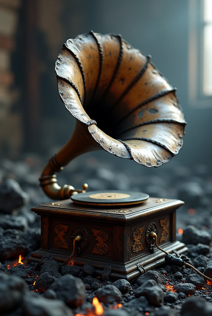 Old wooden gramophone, dusty, spider web