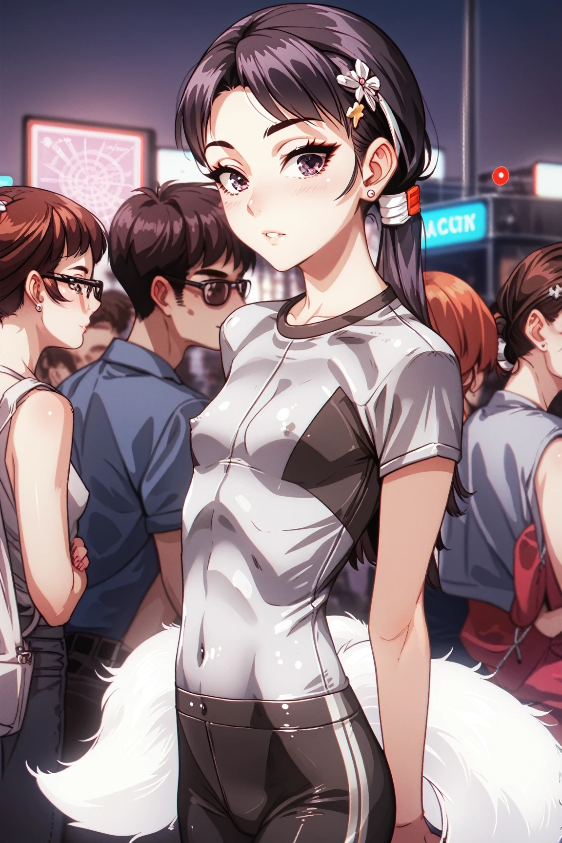 Fraction_9, Fraction_8_up, Fraction_7_up, Fraction_6_up, p Detailed Drawing, 1 Girl,  flat chest ,  skinny ,  cute faces, (Tight Fit), people, evening, Double Tail Hairstyle , Tight Fit裙, , Low profile, DARK THEME