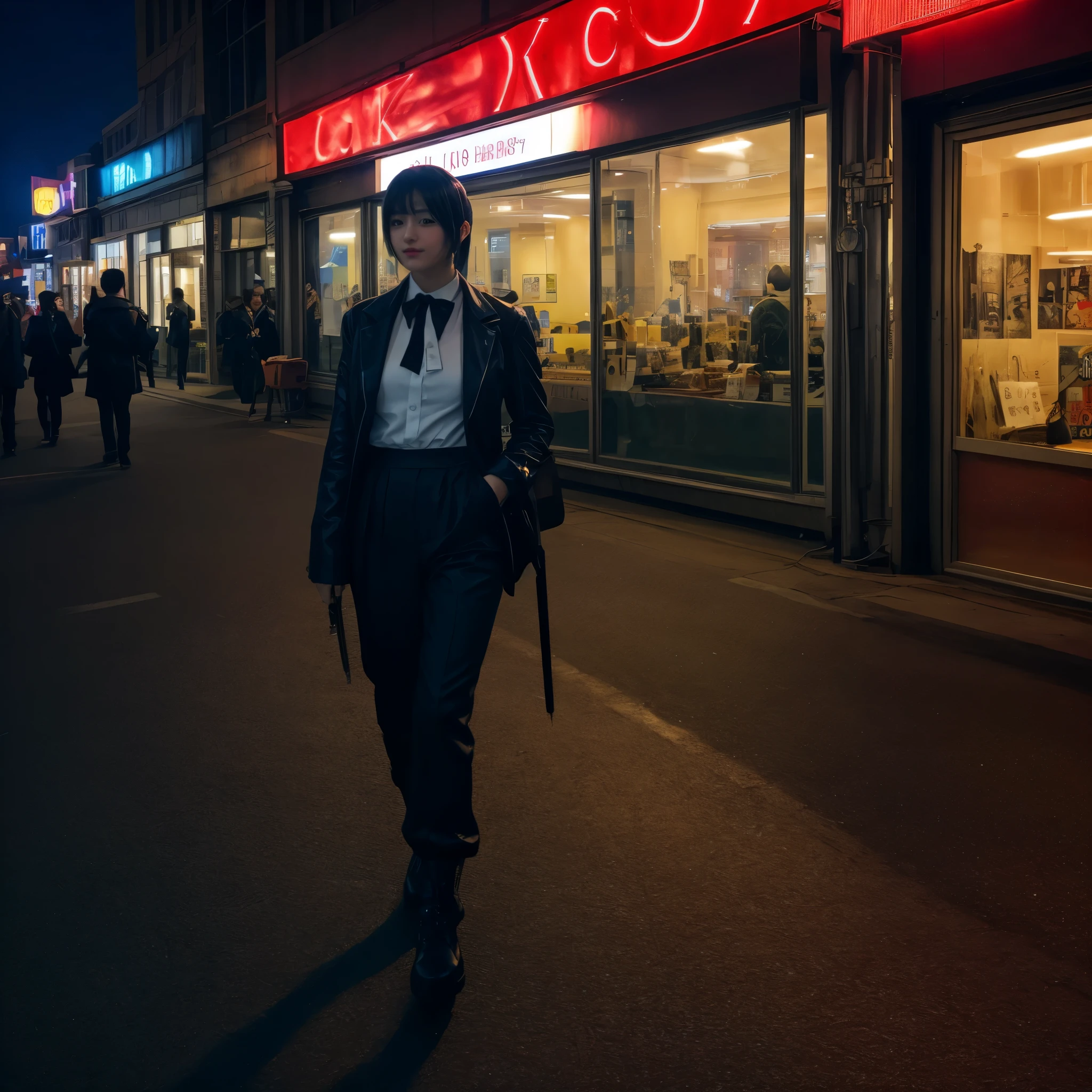 Enhanced Realism: Create a hyper-realistic image of a beautiful woman cosplaying [Furude Rika], with crisp details in her costume and a well-defined urban environment. Focus on Detail: Produce a high-resolution image where every component of the costume, from fabrics to accessories, is clearly detailed, and the urban environment shows realistic textures and elements. Textures and Materials: Generate an image that highlights the textures of the cosplay costume, including fabric, metal accessories, and any other materials, with accurate reflections and shadows. Environment and Scenery: Create an urban scene with modern buildings, city lights, and street elements such as cars, road signs, illuminated shops, and people in motion, while maintaining a high level of detail and realism in each component. Buildings should have realistic architectural details, windows with reflections and lights that add depth to the scene. Props and Cosplay Elements: The costume should include character-specific details, such as jewellery, weapons, or any other distinctive accessories, with a clear focus on texture and shine. Include detailed make-up and hairstyle befitting the character, highlighting vivid colours and design accuracy. Interaction with the Environment: The woman cosplaying should be interacting with the urban environment, such as walking down a street, posing by a fountain, or sitting on a park bench, with realistic shadows and reflections that give depth to the image. Lighting and Shadows: Use natural day or night lighting depending on the context of the cosplay, with detailed shadows and lighting effects that bring out the sharpness of the costume and environment. Include lighting details of buildings, such as neon signs, lampposts and illuminated shop windows, that add atmosphere to the scene. Technical settings: Use ultra high definition to ensure edge sharpness and colour accuracy. Apply realistic lighting and detailed shadows to increase the depth and realism.