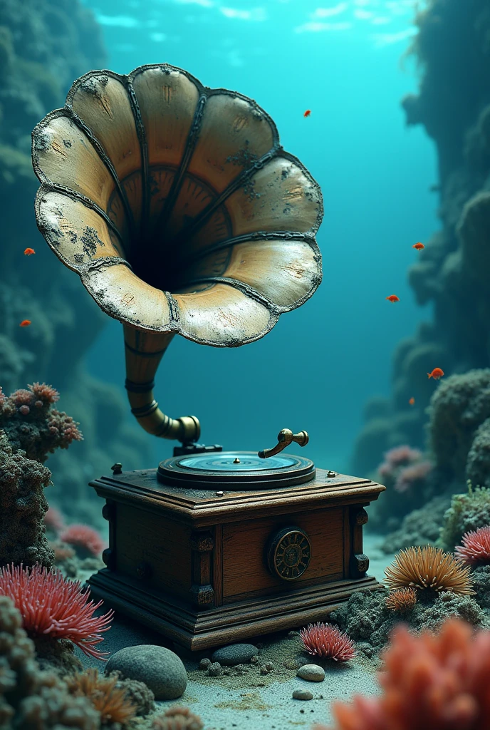 Old wooden gramophone, dusty, spider web