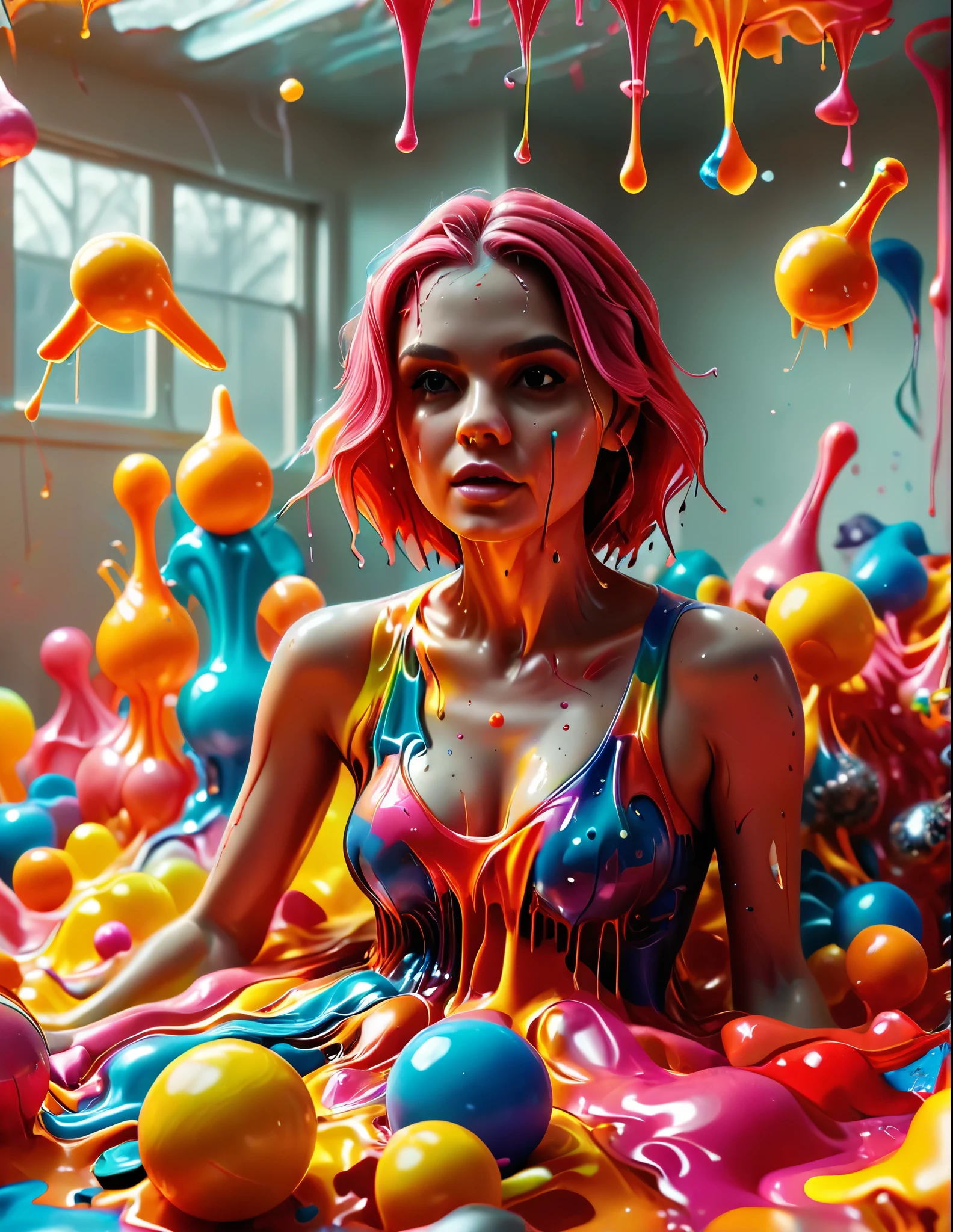 Photorealistic, beautiful woman on top of a giant pile of plastic toys including squirt guns, tricycles, dolls with large busts, action figures, ball bats, frisbees and yo-yos, being melted down into vibrant shiny neon colored goop. With the colors running together towards the viewer the boiling hot plastic melt is jumping off the floor and flying  towards the viewer, captured in stunning 3D cinematic photography with lighting, depth of field, bright colors, reflective slick melted plastic,  dripping splattered melted plastic in every color. Cinematic photography, realism, portrait photography, attention to facial features and colorful plastic flying at us!!