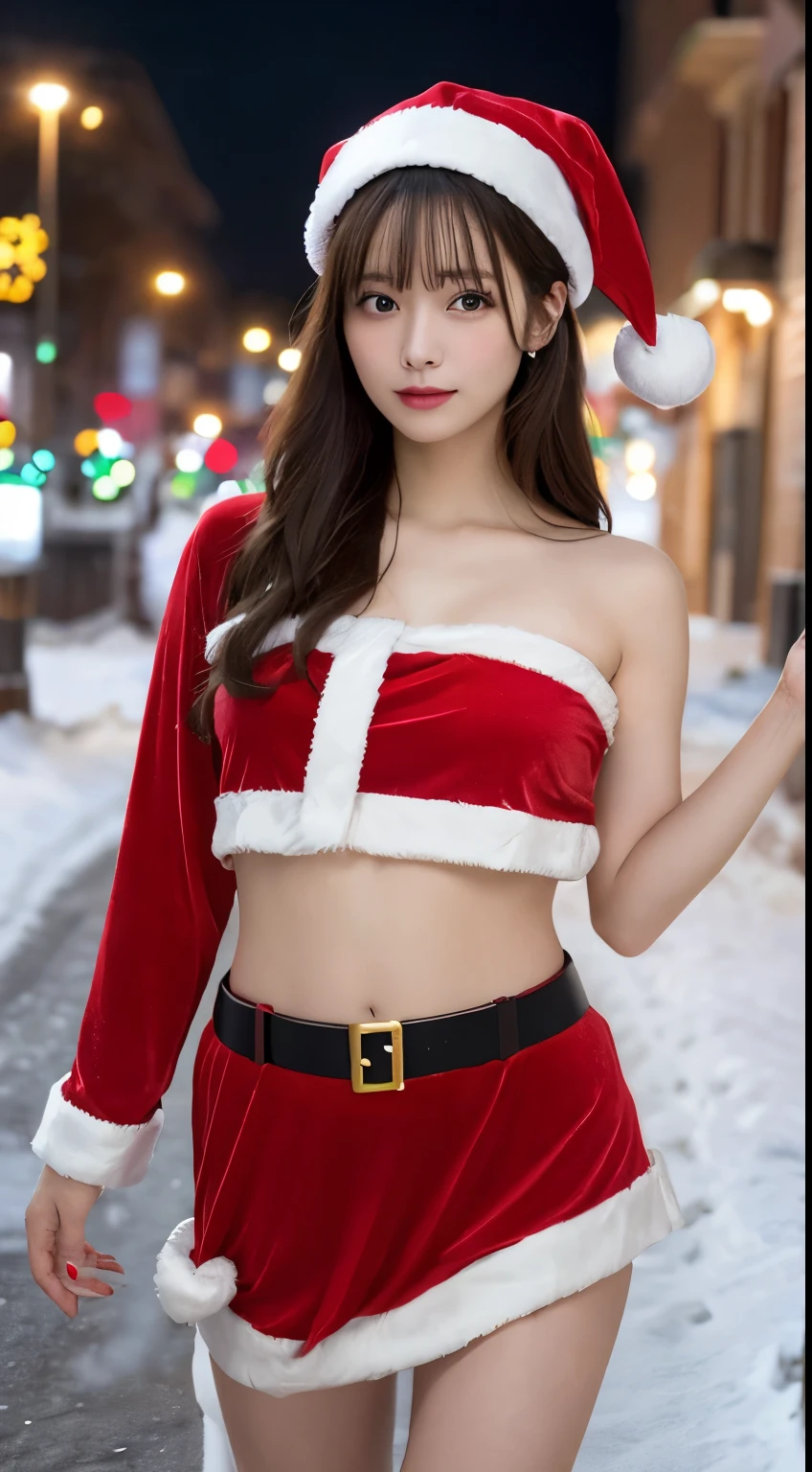 20yo, Petite breasts, Brown hair, Red leash, seaside, She smiled slightly, Long hair, christmas street, Christmas Background, Sexy Pose, Hot panties, green santa hat, Shirt that shows below the breasts
