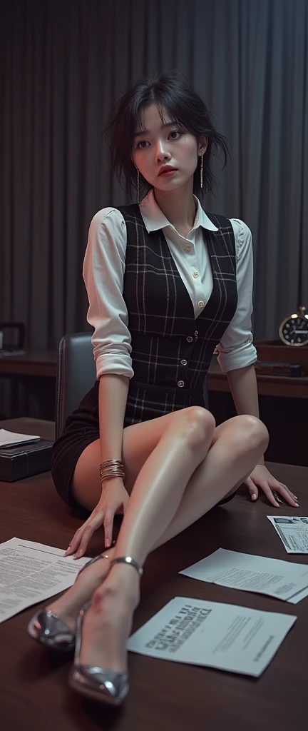 8K quality、High resolution、Sexy suit woman、Realistic skin texture、High resolutionの肌、、Princess Hair、thin、Small and young breasts、Beautiful cleavage、Gray Hair、Thin legs、French Braid、、Full Body Shot、Moist lips、Sitting at a desk looking at documents