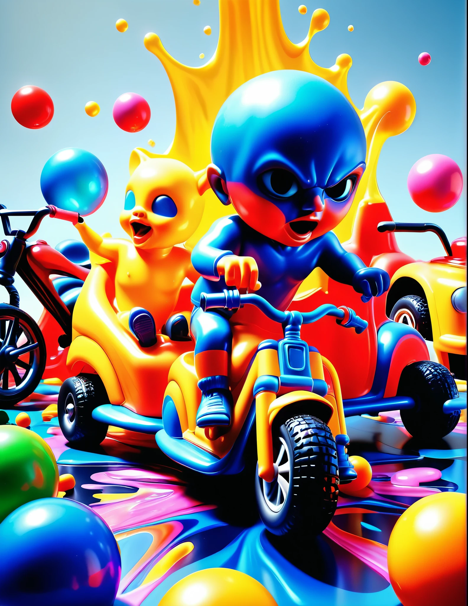 Realistic, Photorealistic, 3D,  Piled up Plastic toys, squirt guns, tricycles, dolls with large busts, action figures, ball bats, frisbees, yo yos and many other toys in all different vibrant colors melted with incredible heat, as the different colors move down towards the viewer and run together they come in contact with acid and bubble ferociously, then coming closer to the viewer the run together colors jump off the surface they are on and are coming right at the viewer's eyes as the image is captured in stunning 3D. Splat towards viewer! Cinematic photography, cinematic portrait, cinematic lighting, portrait photography, cinematography, 3D, macro photography, perspective from above,3D Rendering, 8K Octane, Action Painting, Artistic, Cinematic, Digital Art, Fujicolor, Hyperdetailed, Hyperrealism, Photorealistic, Pixel Art, Pixel Assets, Realism, Depth Of Field, Sparkle, Backlighting, Speed Lines, Bloom, Overexposure, Optical Illusion, Glowing Light, Reflection Light, Ray Tracing, God Rays, Symmetry, Vanishing Point, 3D Isometric, High Resolution, Super Detailed, Best Quality, Award Winning, Masterpiece.