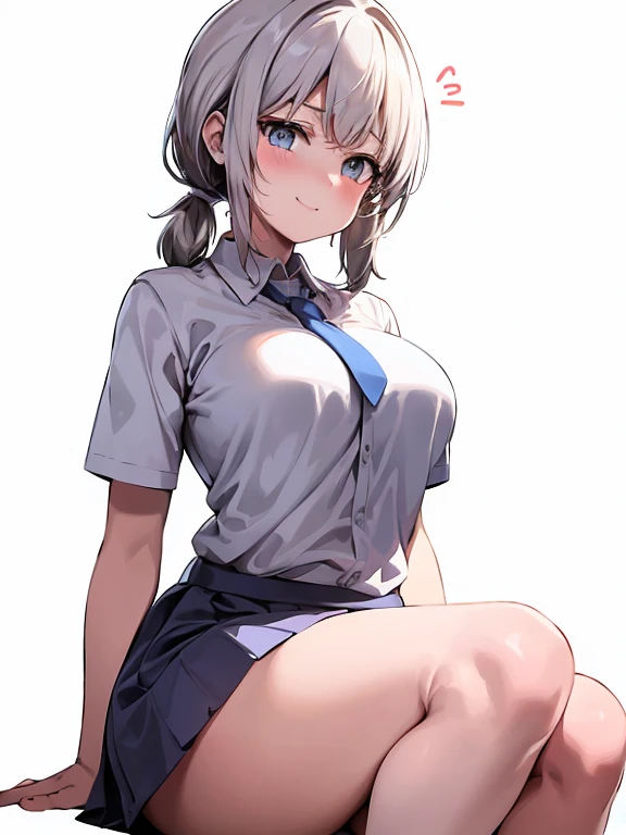 masterpiece, best quality, ultra-detailed, illustration,1girl, Short white hair in pigtails, White school shirt, short sleeves, Light blue tie, light blue short skirt, blush, big breasts, Big thigh, Look to the Lower, simple background, solo, very sexy, shy expression, cute, white background, Smiling cutely, Sitting pose