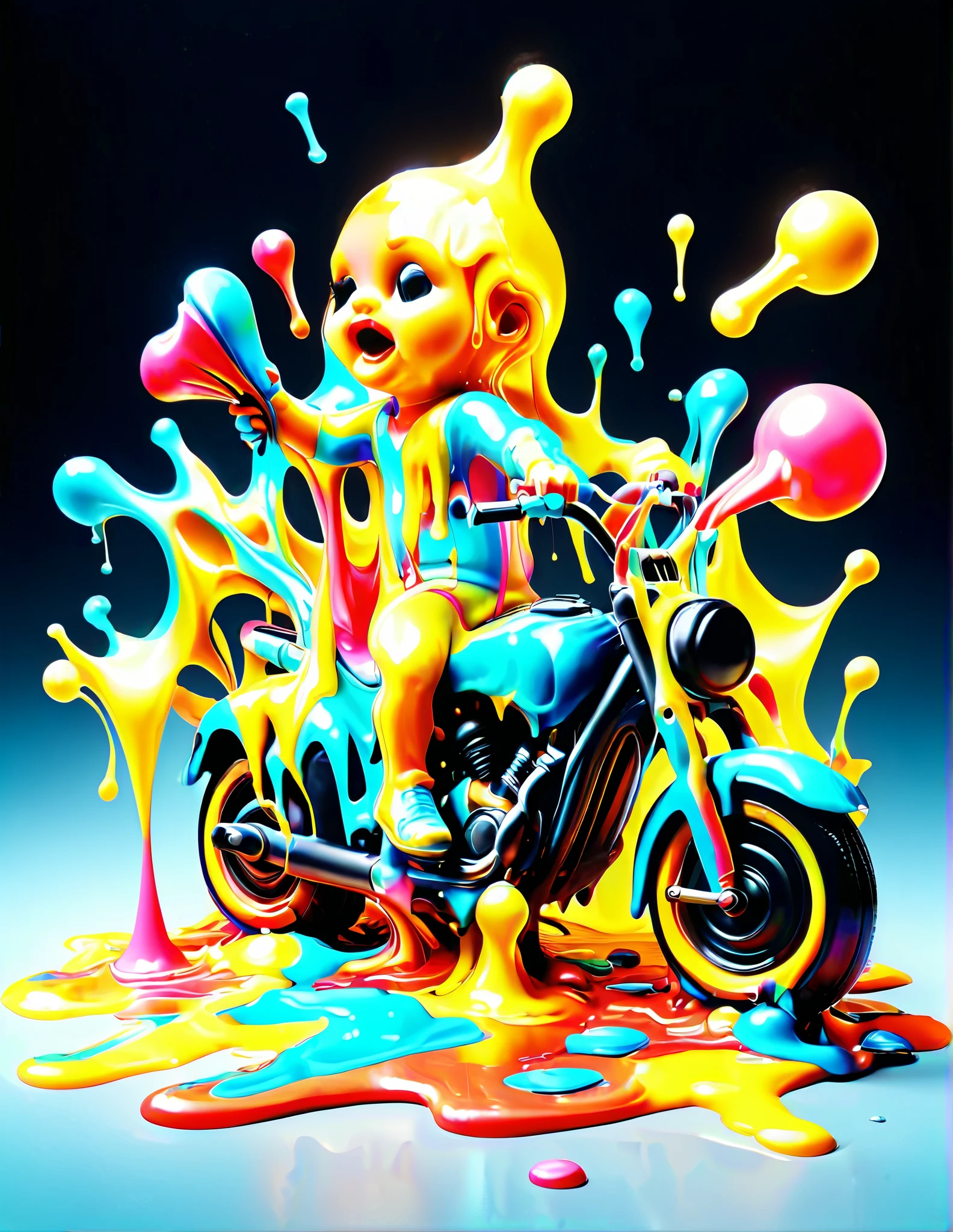 Photorealistic pile of plastic toys including squirt guns, tricycles, dolls with large busts, action figures, ball bats, frisbees and yo-yos, being melted down into vibrant shiny neon colored goop. With the colors running together towards the viewer the plastic melt is seen jumping off the floor and flying  towards the viewer, captured in stunning 3D cinematic photography with lighting, depth of field, bright colors, reflective slick melt,dripping slattered melted plastic in every color. Cinematic photography, realism, portrait photography 