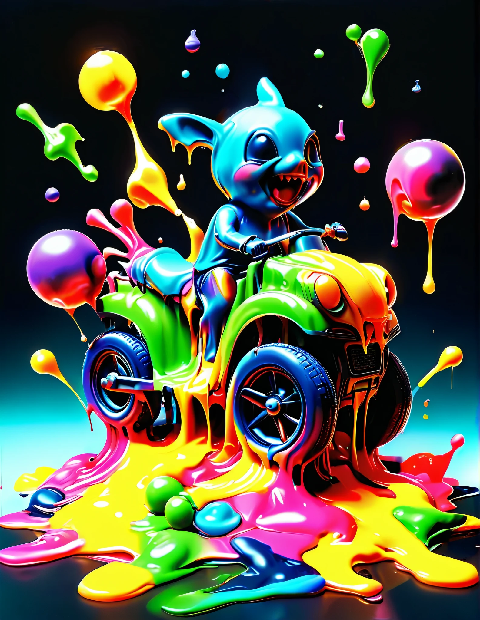 Photorealistic pile of plastic toys including squirt guns, tricycles, dolls with large busts, action figures, ball bats, frisbees and yo-yos, being melted down into vibrant shiny neon colored goop. With the colors running together towards the viewer the plastic melt is seen jumping off the floor and flying  towards the viewer, captured in stunning 3D cinematic photography with lighting, depth of field, bright colors, reflective slick melt,dripping slattered melted plastic in every color. Cinematic photography, realism, portrait photography 