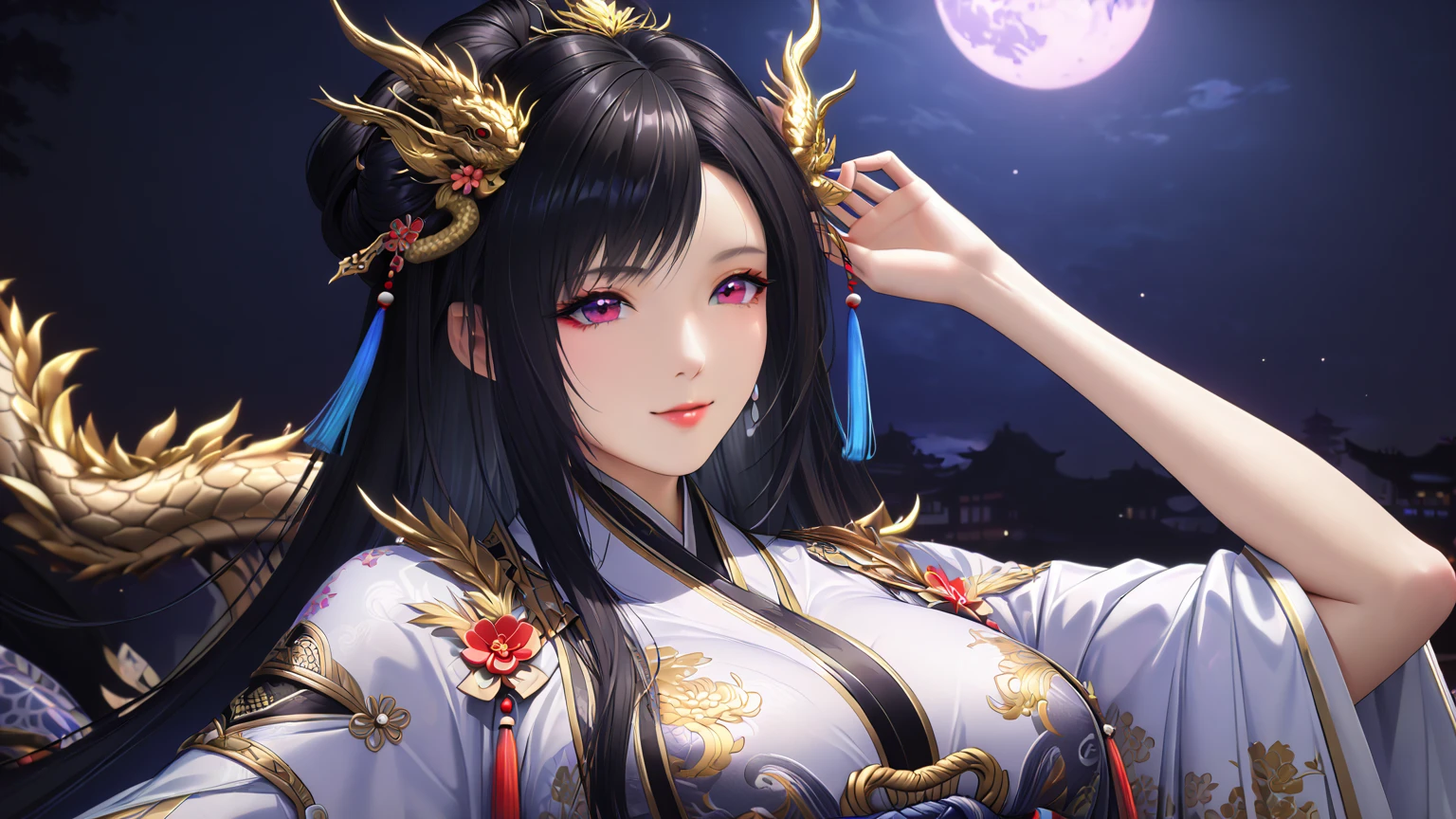 Cute desert princess, Standing at the edge of a pond in China, There was a noble dragon at his side., A cheongsam that is elegant and strong., The glow of the moon at night, (The face is detailed., Beautiful, round eyes, Long eyelashes, little jewelry, Long, flowing black hair) ,movie elements, Highest quality