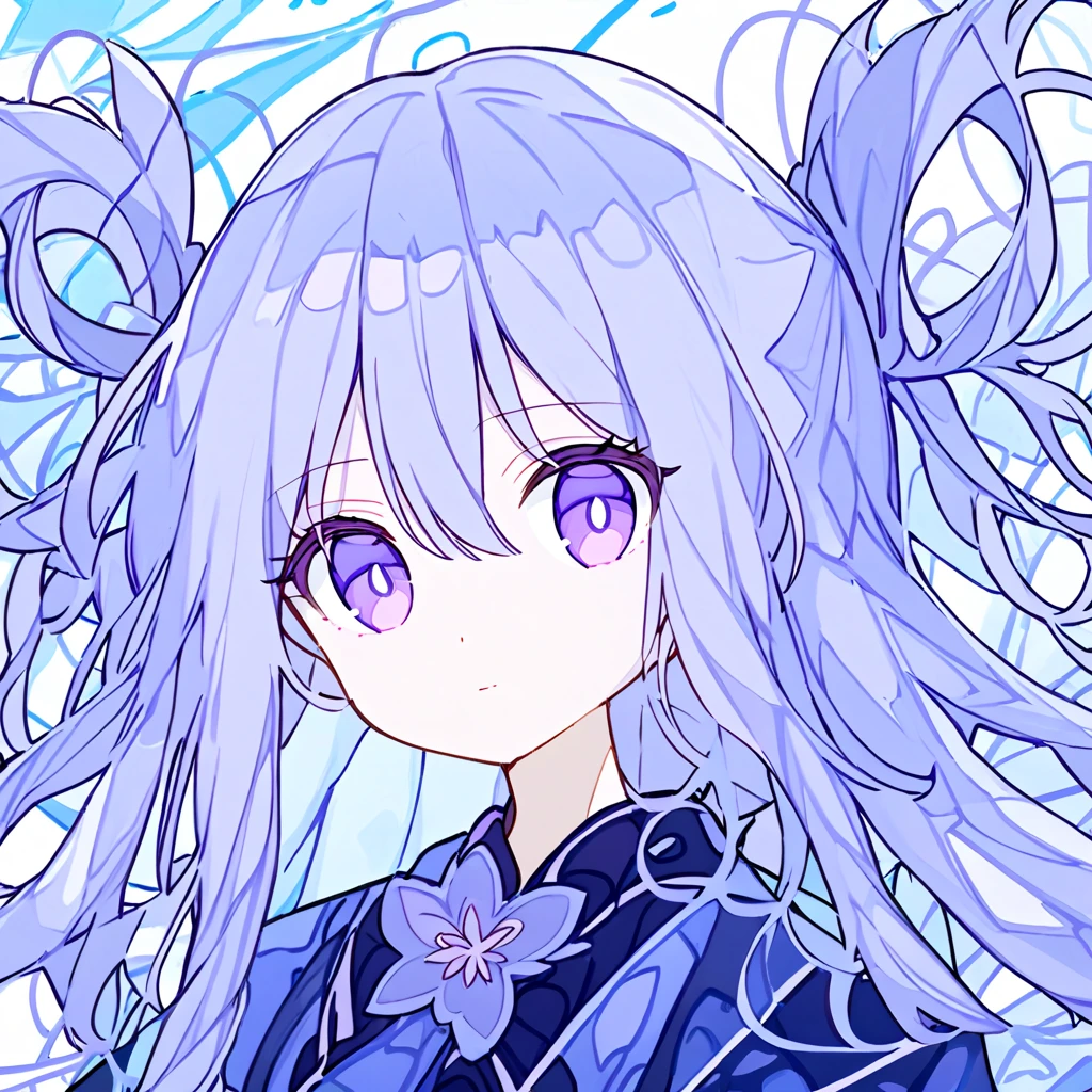 Transparent watercolor、 light blue long hair((The hair tips are purple))、Extended bangs(( hair between eyes))、Fashionable clothes、Big sleeves、Wide skirt、 splash、 portrait、Line art、 Please draw a girl's hair and clothes swaying gracefully underwater、background((Jellyfish floating ))