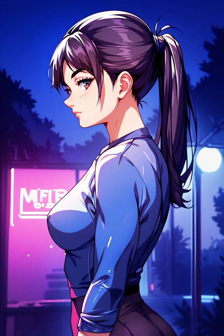 Fraction_9,   1 girl at home,  cute faces, (Tight Fit), night, Double ponytail hairstyle , Tight Fit裙, , Low profile, DARK THEME  , neon