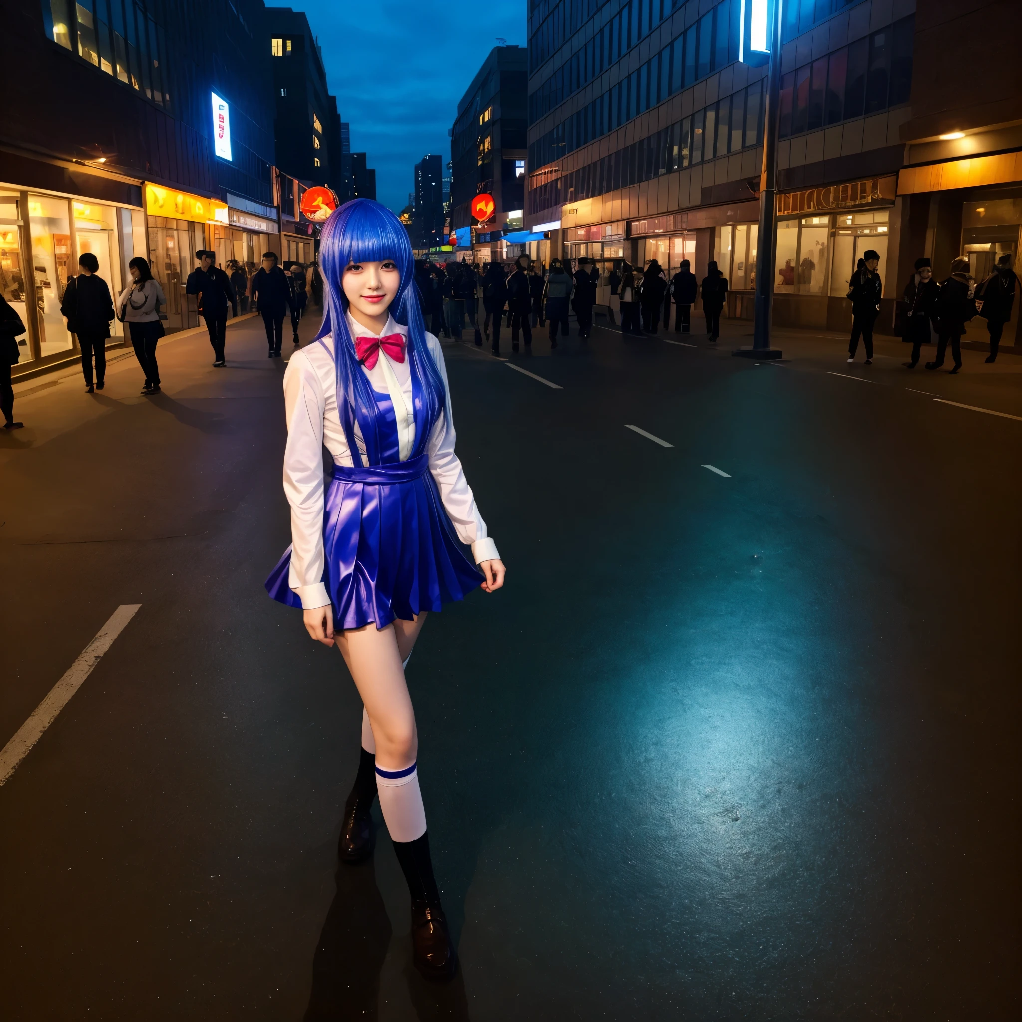 Enhanced Realism: Create a hyper-realistic image of a beautiful woman cosplaying as [Furude Rika], with detailed focus on her costume and a well-defined urban environment. Ensure every component of the costume, including fabrics and accessories, is crisply detailed. Highlight textures of the cosplay, like fabric and metal, with accurate reflections and shadows.

Environment and Scenery: Create an urban scene with modern buildings, city lights, and street elements, ensuring the urban backdrop enhances but does not overshadow the cosplayer.

Interaction with Environment: Show the woman interacting with the environment, such as walking, posing, or sitting, with realistic shadows and reflections.

Lighting and Shadows: Use natural or contextual lighting with detailed shadows, focusing on the cosplayer. Include lighting elements of the environment to add depth.

Technical Settings: Use ultra high definition for sharp edges and color accuracy. Apply realistic lighting and shadows to enhance depth and realism.