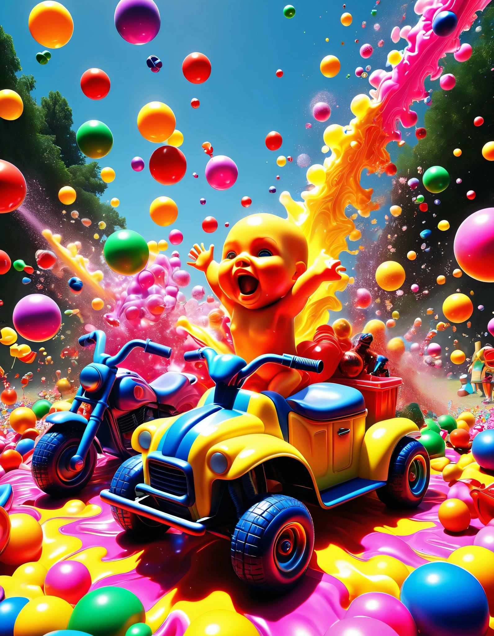 Realistic, Photorealistic, 3D,  Piled up Plastic toys, squirt guns, tricycles, dolls with large busts, action figures, ball bats, frisbees, yo yos and many other toys in all different vibrant colors melted with incredible heat, as the different colors move down towards the viewer and run together they come in contact with acid and bubble ferociously, then coming closer to the viewer the run together colors jump off the surface they are on and are coming right at the viewer's eyes as the image is captured in stunning 3D. Splat towards viewer! Cinematic photography, cinematic portrait, cinematic lighting, portrait photography, cinematography, 3D, macro photography, perspective from above,3D Rendering, 8K Octane, Action Painting, Artistic, Cinematic, Digital Art, Fujicolor, Hyperdetailed, Hyperrealism, Photorealistic, Pixel Art, Pixel Assets, Realism, Depth Of Field, Sparkle, Backlighting, Speed Lines, Bloom, Overexposure, Optical Illusion, Glowing Light, Reflection Light, Ray Tracing, God Rays, Symmetry, Vanishing Point, 3D Isometric, High Resolution, Super Detailed, Best Quality, Award Winning, Masterpiece.