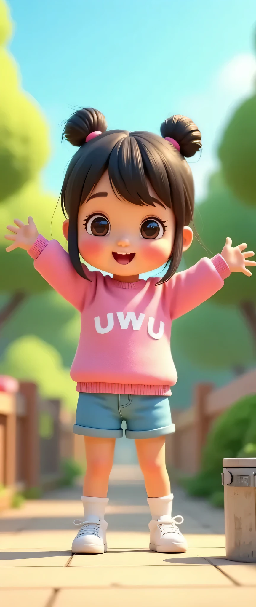 A cute and adorable with her hair into two buns on top and bangs, wearing a pink sweater with "uwu" printed on the front, blue shorts, short socks, and white sneakers. The style is 3D animation with a pastel color palette, creating a soft and cheerful atmosphere. posing throwing away snack wrappers in the trash at a park