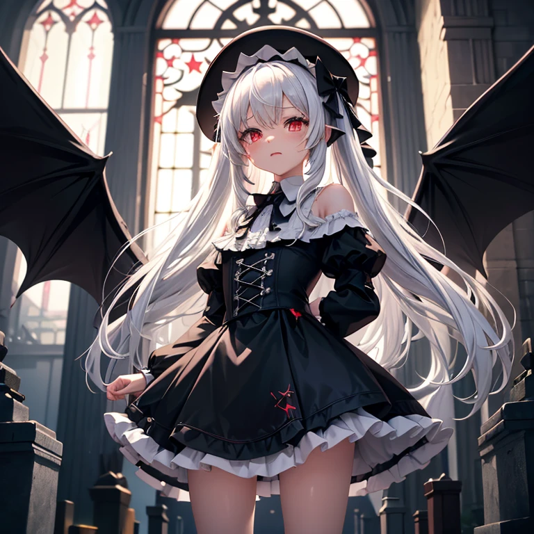Light streaming in,Black Feather,big wizard hat, black dress, Frilled Dress ,Ruffled ,Big ribbon on the back, standing showing your back,There are lots of graves of crosses , is crying,, long white twin tail hair、Young cute girl,Beautiful clear white hair ,お墓の前で is crying,Lori,Little Devil Wings,It's worth it in front of the grave
