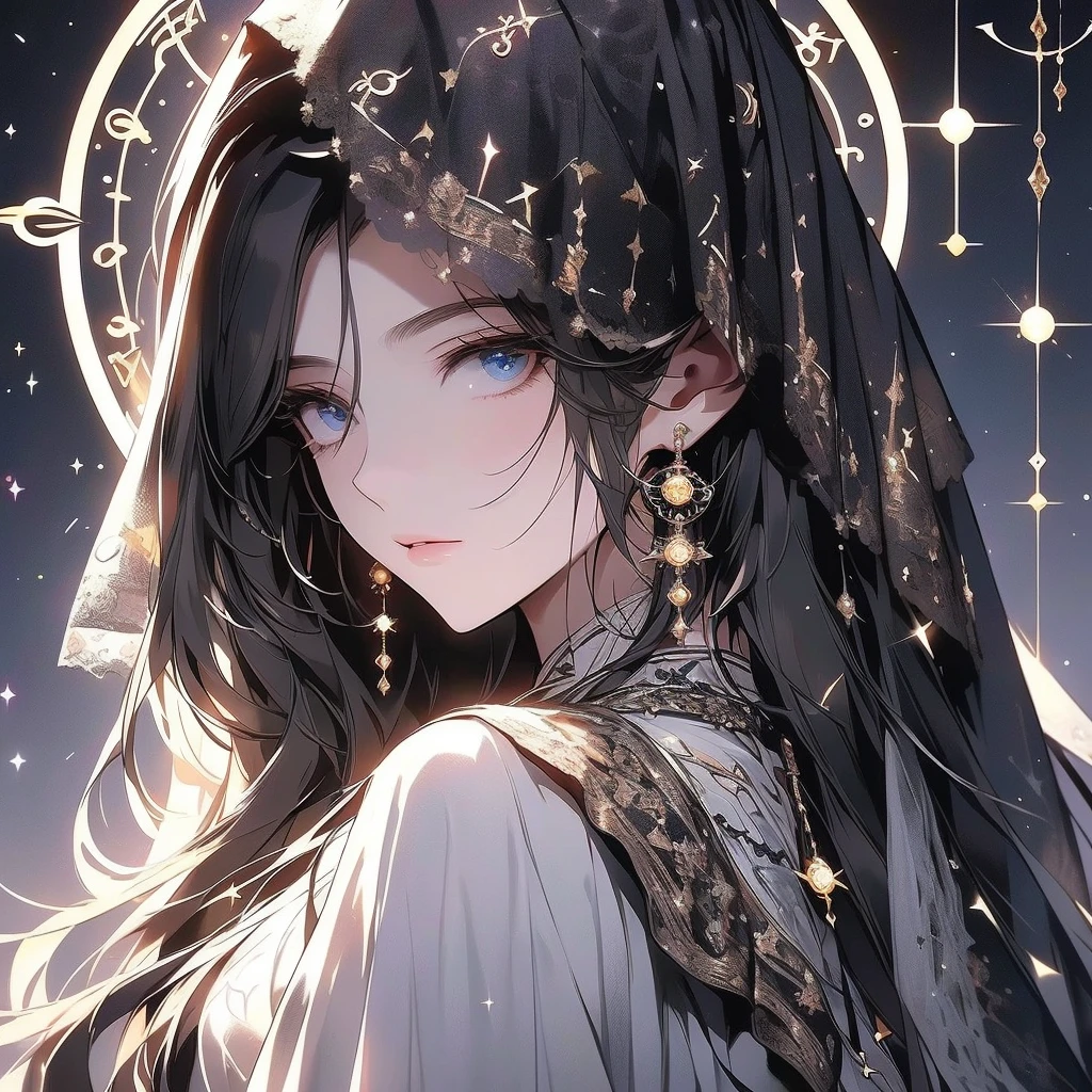 8k、delicate face、 detailed face 、((masterpiece,  best quality,  High Quality,  high definition , 8k)), ((Astrology師:1.5)), Names of    constellation and zodiac signs,    constellation, astrology, unknown    constellation, geometry and astrology,    constellation,    constellation 、Very accurate and detailed, 、 provides information , Accurate depiction,  number secret , Very accurate,    with  constellation , Pisces,  Full body shot of an astrologist wearing a magic crest ,    constellation,  lace robe and a veil to hide his face,  magic 、geometry、 beautiful eyes、universe、fortune teller、Tarot、 high definition , masterpiece,  anatomically correct,  best quality,  textured skin, Long Hair, bangs,  black hair, Mysterious、Aesthetic、