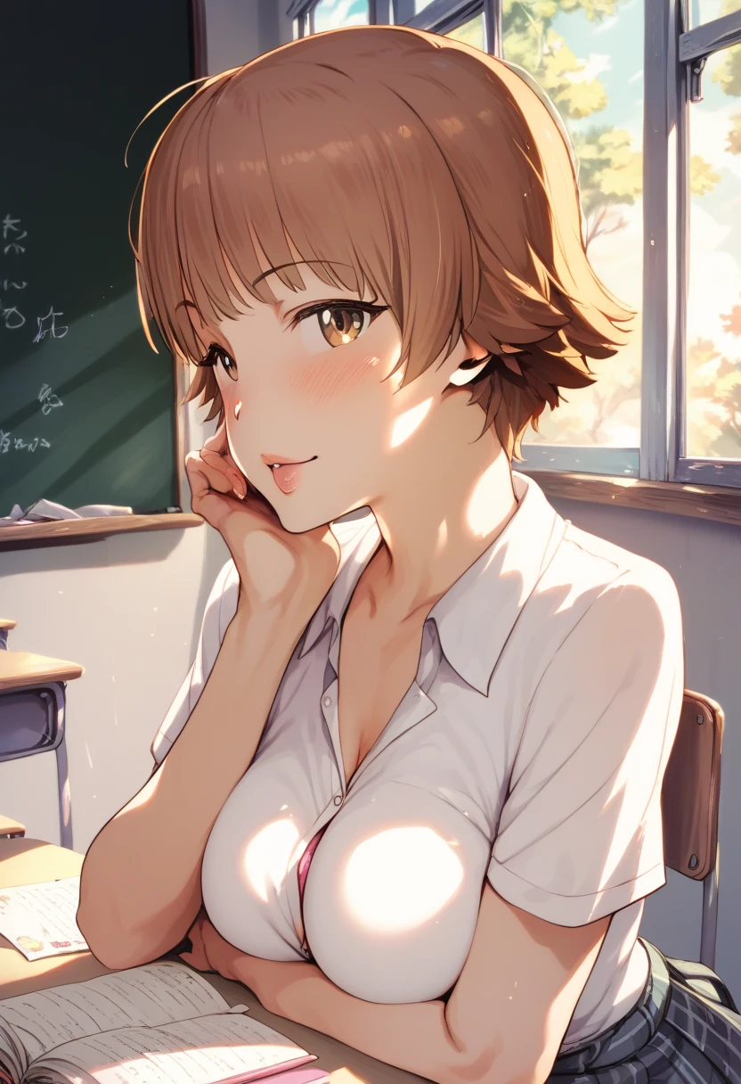 Mio Honda de Idolmaste beautiful woman with big breasts,  short brown hair , student,  classroom , ropa de student, seductive