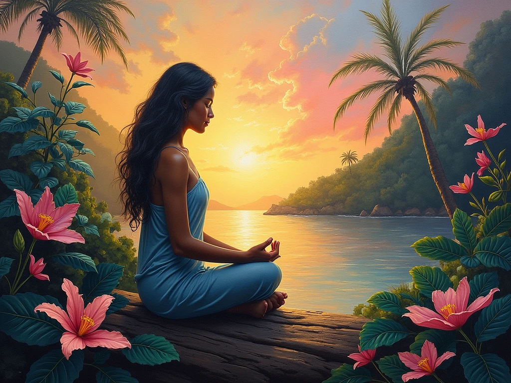 an asian woman, sitting in a meditation position, yoga, In front of the beautiful Orissant, As the sun sets, Related to the sacred, director: Drew Tucker, director: Adam Marchinski, director: Alexander Kucharisky, director: Gavin Nolan, 8K surrealism, director: Jason Felix, Yuri Shwedoff e Tom Bagshaw, illustrative art, Estello Eric Johnson