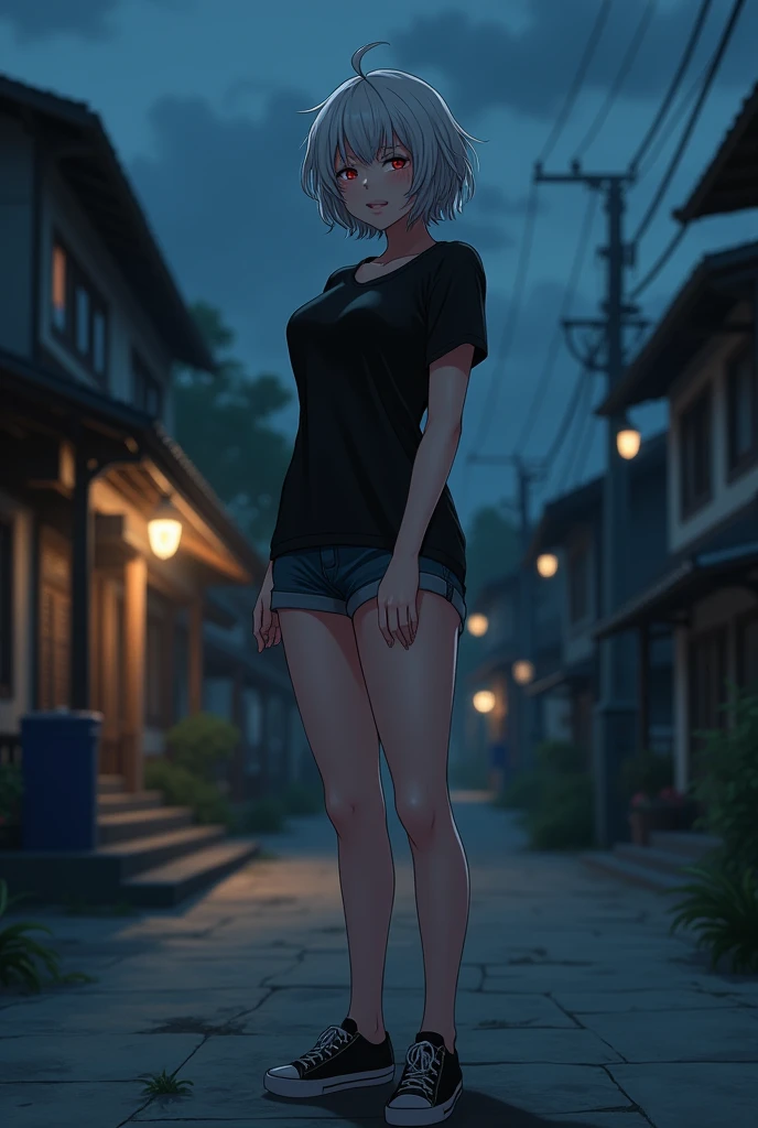 Girl, short tight shorts , Unbuttoned shirt on a naked body, Bare breasts, chest visible, street  background, Narrow passage between houses, night, rain, slim body, In full growth, Sneakers,