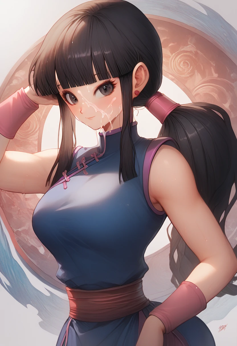 (extremely detailed CG unity 4k wallpaper),(masterpiece),(best quality),(ultra-detailed),(best illustration),(best shadow),(absurdres),(detailed background), Chi Chi (dragon ball), black hair, chinese clothes, bangs, blunt bangs, (ponytail), black eyes, china dress, sleeveless, dress, ponytail, wristband, sleeveless dress, upper body, blue dress, :o, long hair, eyelashes, big boobs, big ass, cum face, wide hips, wet pussy, jaco pose, hard nipplles
