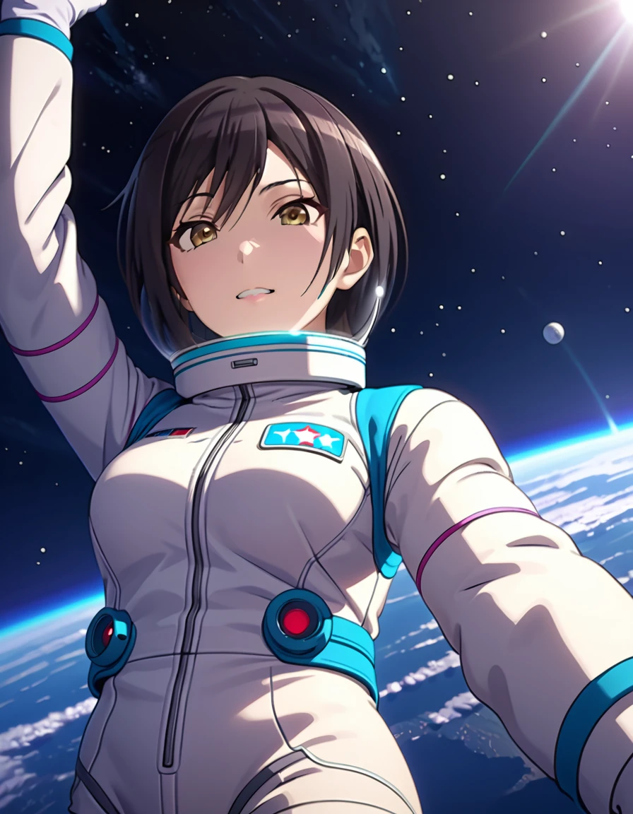 (spacesuit:1.15), white cargo pants, astronaut)bubble helmet, space helmet, white gloves , , looking close at you, outer space, floating, masterpiece, best quality, 1girl, beautiful,  image from below, solo, , shirase sakuya, srssky, black hair, straight hair, bangs, yellow eyes, large breasts, happy, difficulty breathing, saluting, fullbody