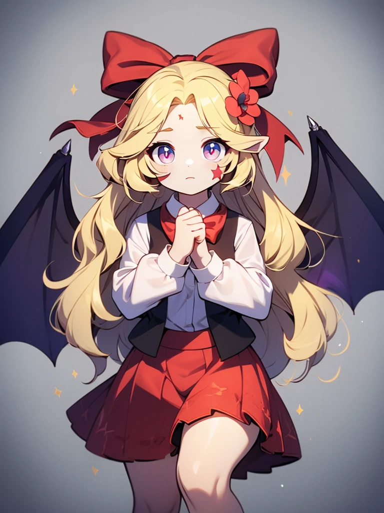 an animated drawing of a female with wings, clean line drawings, ultra cute girl, ultra cute face, ultra detailed eyes, ultra detailed hair, ultra cute, ultra beautiful, ((high end)), (UHD picture), (best quality,4k,8k,highres,masterpiece:1.2), top-quality(​masterpiece), top-quality, ultra-detailed, highly detailed texture, intricate details, high quality textures, masterpiece, best quality, perfect quality, perfect anatomy, perfect body, perfect symmetrical face, perfect hands, perfect feet, (two arms:1.2), (two legs:1.2), (five fingers each:1.2), (perfect joint:1.2), perfect joint movement, precise fingers and hands, 1 beautiful girl, 1 girl, alone, solo, , , ((())), ((ish)), (Best Quality, hight resolution), extremely detailed and lifelike, Vibrant colors, simple background, very long hair, forehead visible bangs, hair flaps, hair ribbon, hair ornament, hair flower, blonde hair, well-formed face, blonde eyes, facial mark, Star-shaped marking on left cheek, devil girl, bat wings, open vest, red vest, red collar, white blouse, long sleeves, long red skirt