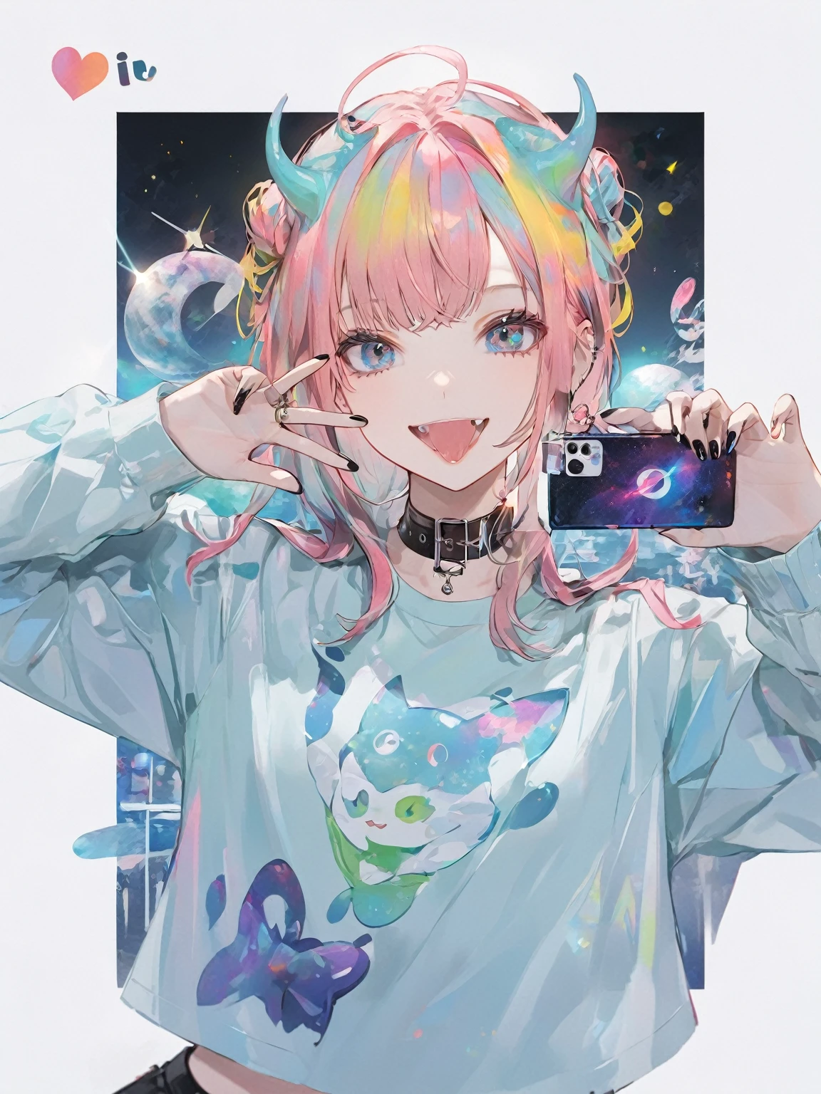 {Vtuber : Shiro Neko}, anime girl with alien antenna on her head, posing for a picture, alien girl, alien antenna, 1girl, solo, shorts, striped, small breasts, black nails, mouth open, smile, jewelry, grey hair, spiky hairstyle, long hair, tshirt, holding cellphone, pantyhose, blue eyes, choker, hands up, double peace sign pose, double v,shine colorful, 