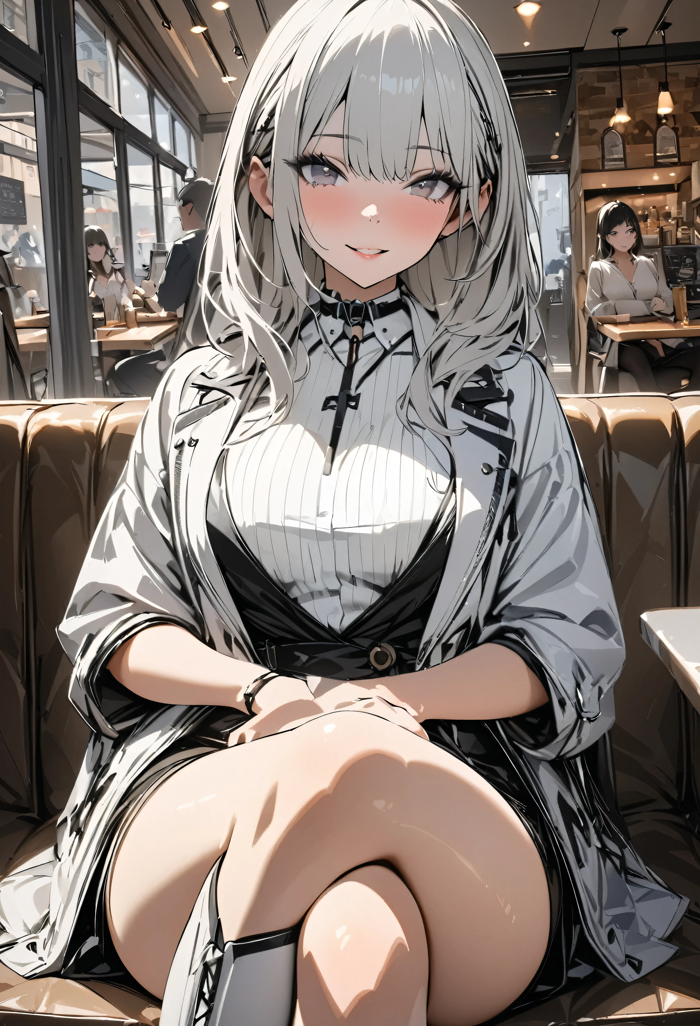 (masterpiece, best quality :1.2,UHD,High Resolution,Detailed depiction)、 dating an adult older sister、 sexy lips、Eyes draw beautifully 、White jacket、 Black Tight Miniskirt 、White knee-high boots、Take a picture so that the whole body is inside、 sitting cross-legged and waiting at a cafe