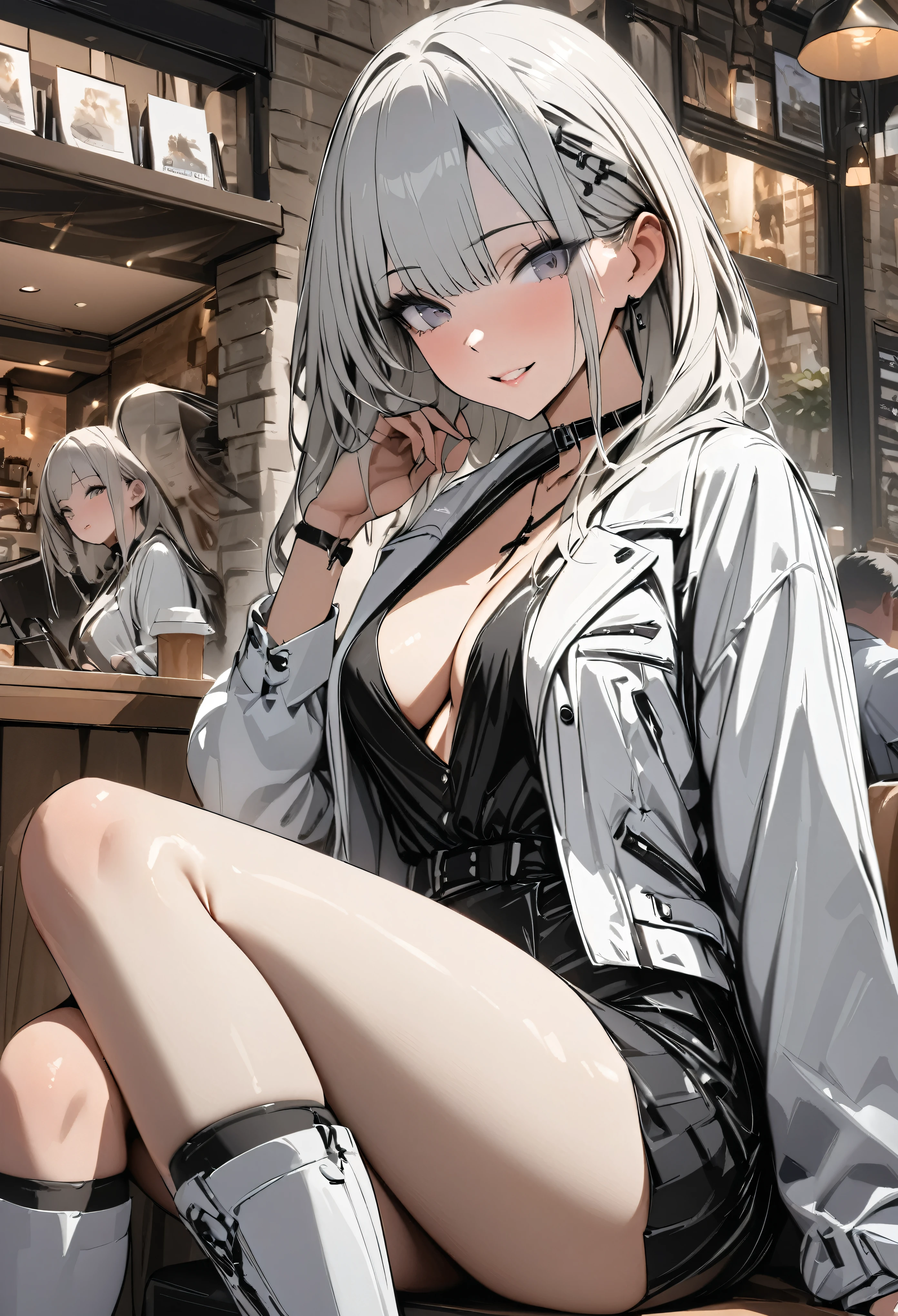 (masterpiece,  best quality :1.2,UHD,High Resolution,Detailed depiction)、 dating an adult older sister、 sexy lips、Eyes draw beautifully 、White jacket、 Black Tight Miniskirt 、White knee-high boots、Take a picture so that the whole body is inside、 sitting cross-legged and waiting at a cafe