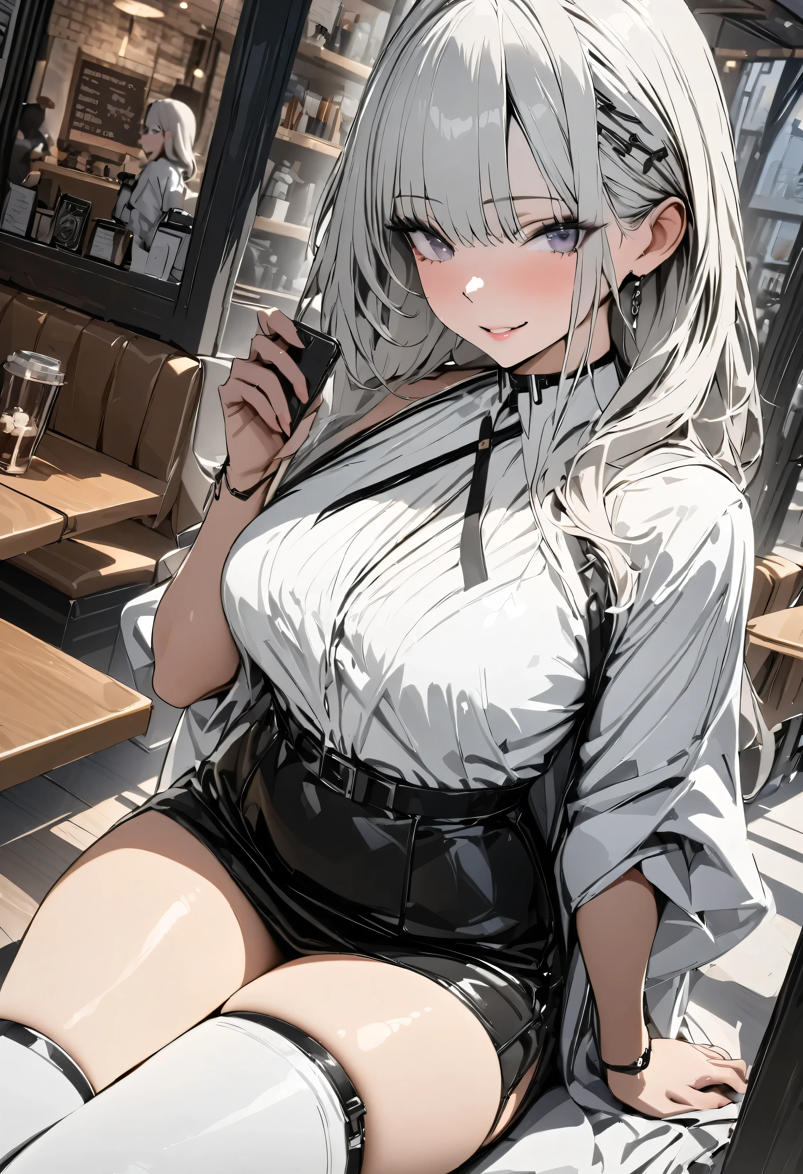 (masterpiece, best quality :1.2,UHD,High Resolution,Detailed depiction)、 dating an adult older sister、 sexy lips、Eyes draw beautifully 、White jacket、 Black Tight Miniskirt 、White knee-high boots、Take a picture so that the whole body is inside、 sitting cross-legged and waiting at a cafe