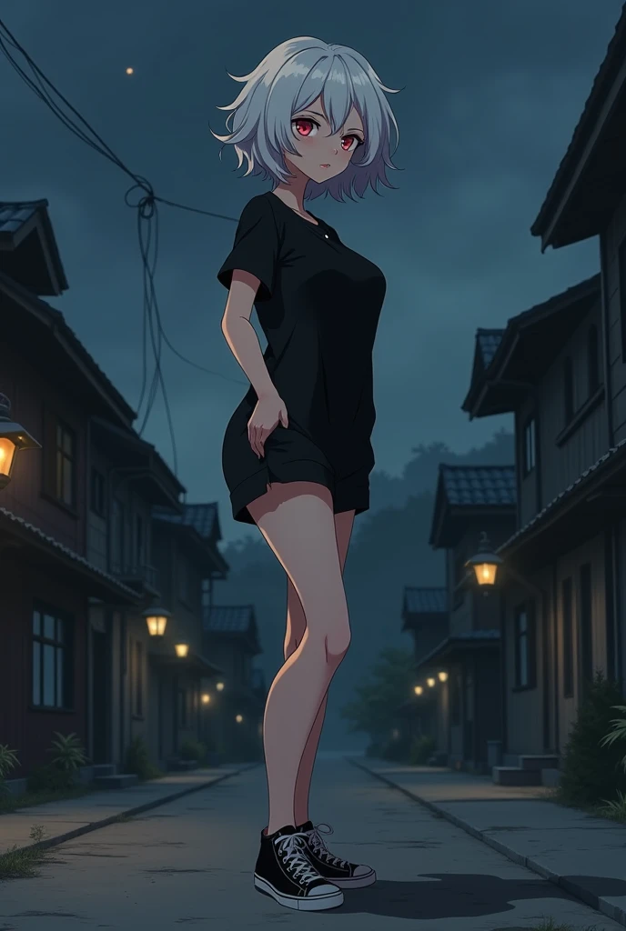 Girl, short tight dress, black thong, street background, openlegs, night, Narrow alley between houses, night, rain, slim body 