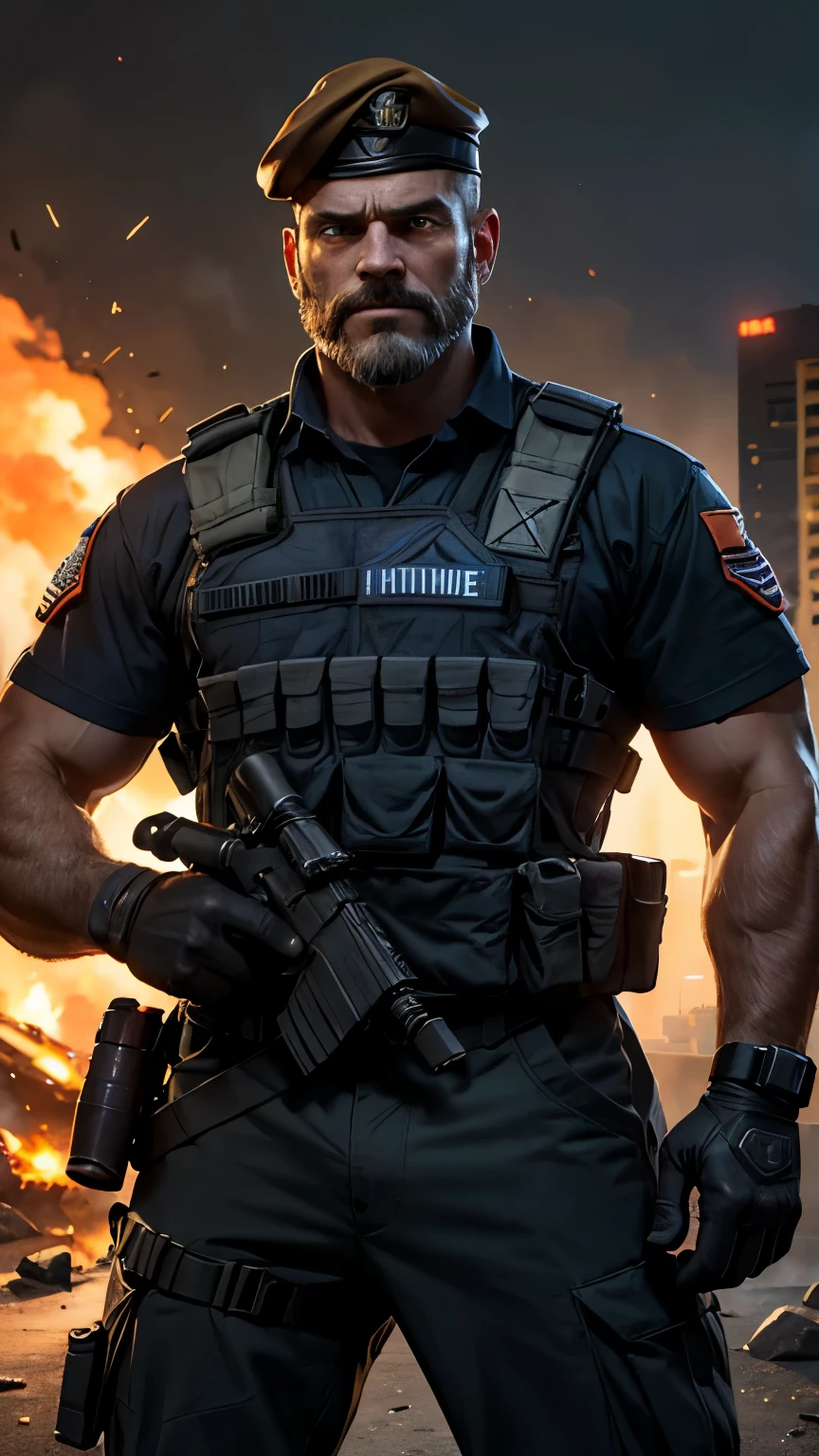 A realistic portrayal of Brimstone from Valorant, depicted as a strong and experienced soldier in his late 40s. He has a rugged face with a trimmed gray beard and intense eyes. He wears a tactical navy-blue vest with orange accents and utility pouches. His signature cap with the Valorant logo sits firmly on his head. In one hand, he holds a glowing tactical beacon, and the other grips a modern rifle. The background showcases a futuristic urban battlefield with smoke and fire, emphasizing his commanding presence.