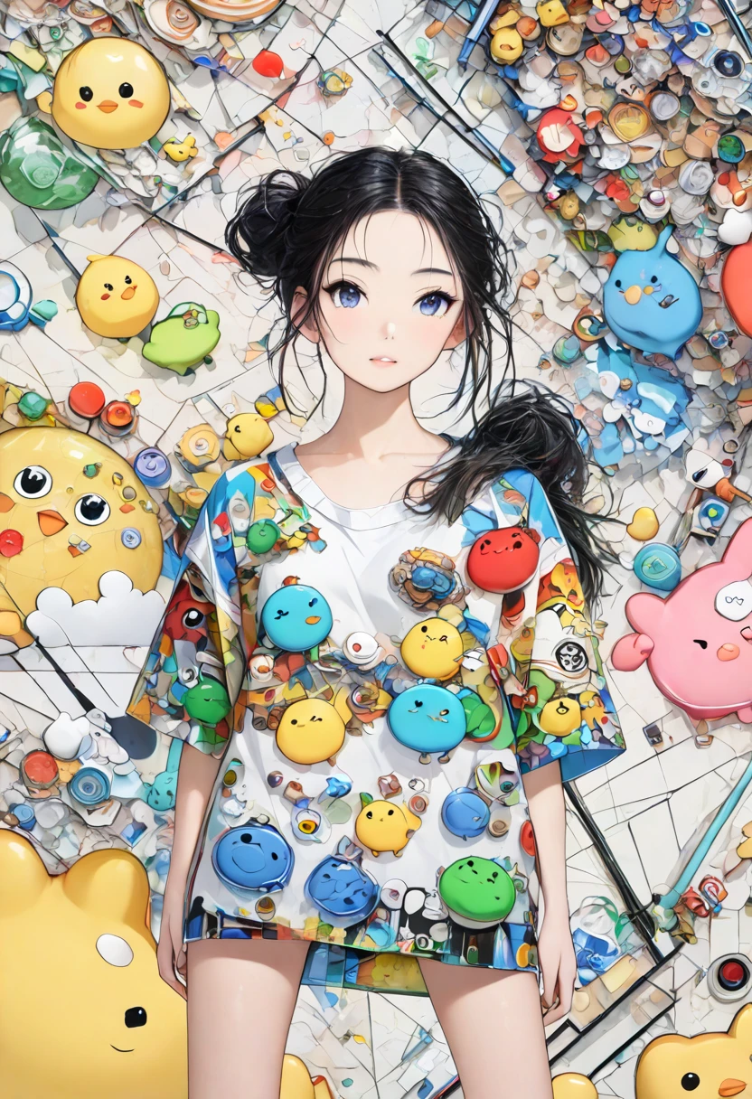 (masterpiece, best quality), beautiful woman, detailed printed cropped top, jeans, wavy hair, beautiful face, perfect face, big gorgeous eyes, parted lips, perfect slim fit body, seoul city garden, bright colors