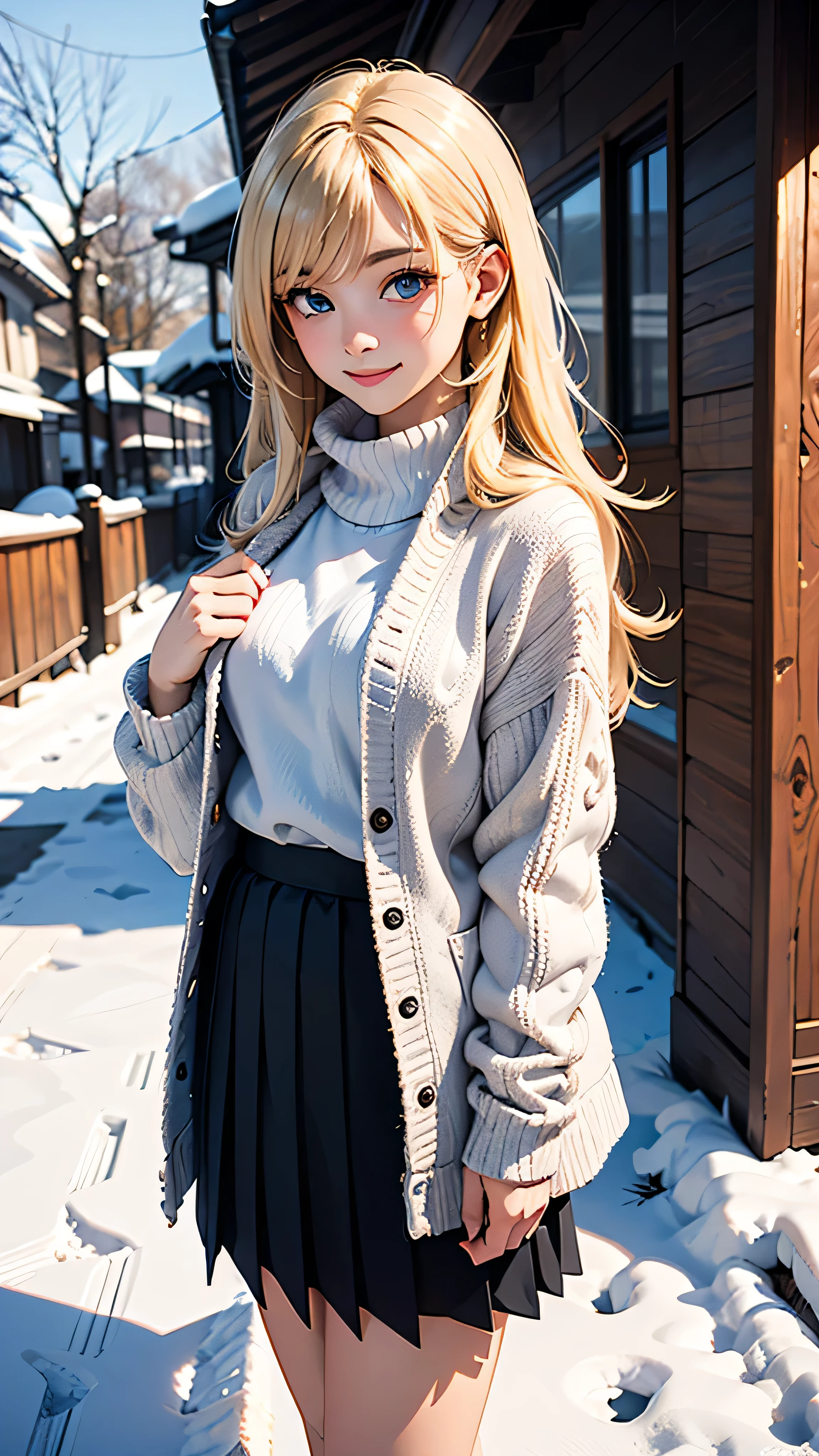 ( RAW Photos,  best quality), ( beauty photos :1.3)solo, Long Hair, chest, Blonde, smile,  muffler , snow, Warm clothes,  blue eyes, knit, skirt
