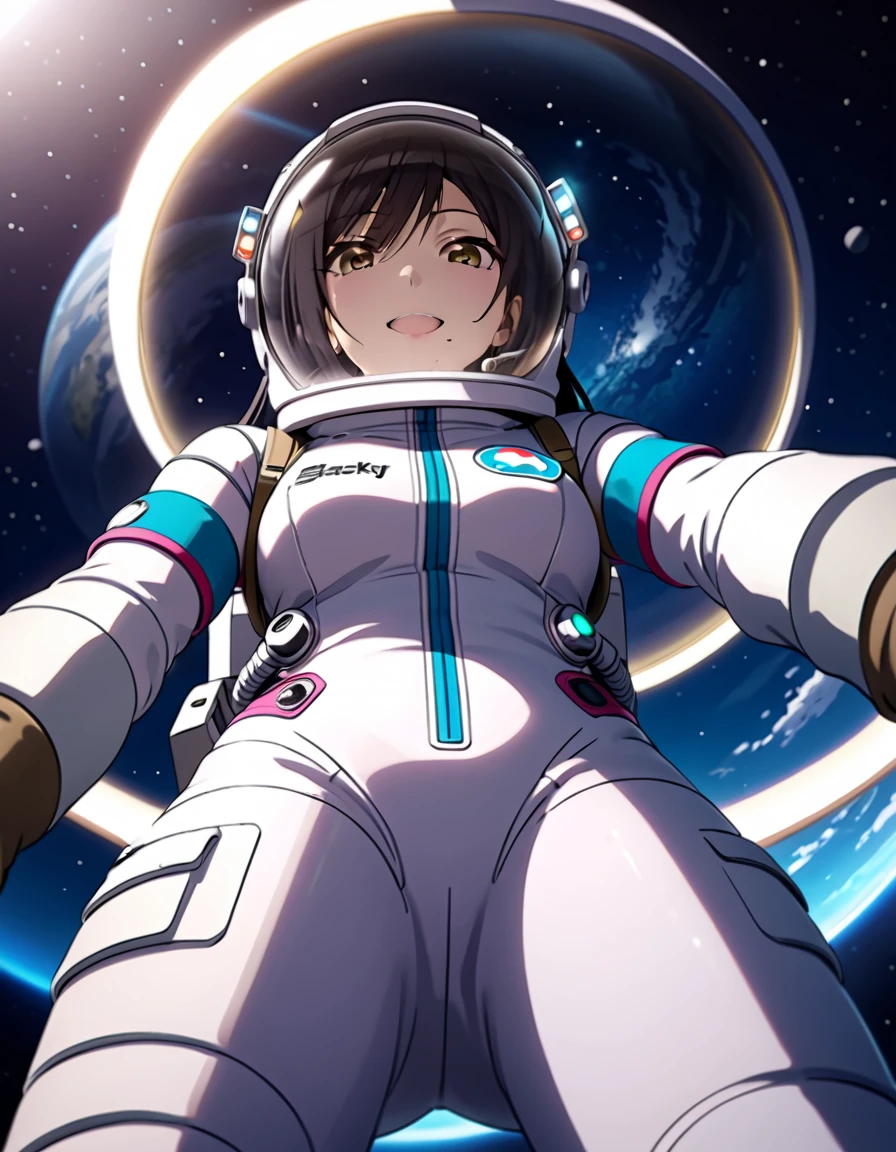 (spacesuit:1.15), white cargo pants, astronaut)bubble helmet, space helmet, white gloves , , looking close at you, outer space, floating, masterpiece, best quality, 1girl, beautiful,  image from below, solo, , shirase sakuya, srssky, black hair, straight hair, bangs, yellow eyes, large breasts, happy, difficulty breathing, saluting, fullbody