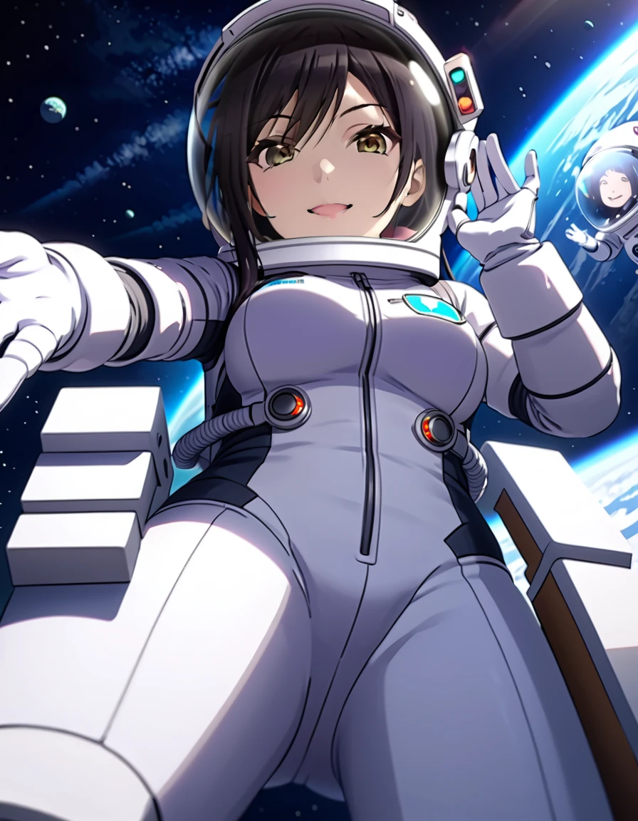 (spacesuit:1.15), white cargo pants, astronaut)bubble helmet, space helmet, white gloves , , looking close at you, outer space, floating, masterpiece, best quality, 1girl, beautiful,  image from below, solo, , shirase sakuya, srssky, black hair, straight hair, bangs, yellow eyes, large breasts, happy, clapping, fullbody