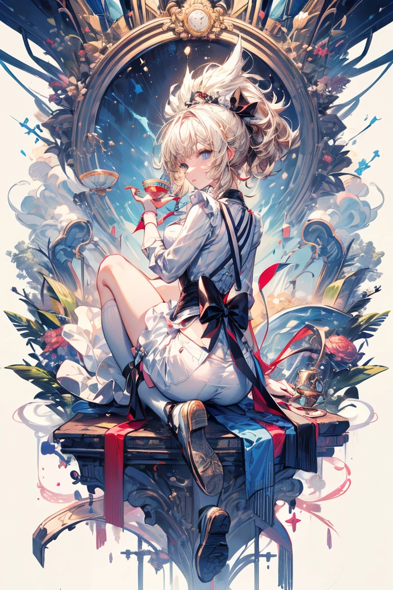 (master piece, high-quality, Mystical, Beautifully Aesthetic, ideal ratio of body proportions, image art, Impresionism), (ultra high resolution, 8K RAW photo, photo realistics, natural lighting, textile shading), (1 cute girl:1.3, solo:1.5, milf:1.1, nsfw:1.25, full bodiEsbian), (Fractal), shinny skin, BRAKE, ((alice in the wonderland:1.3, a girl falling down in the air:1.5, flying in sky:1.5, skirt is blowing up by wind:1.2, surprising, little opening mouth:1.3, putting hands on crotch over the skirt:1.35)), ((PlayingCards, Trump, tea cup, tea pot, tea spoons, pocket watch:1.3, big mirror, lip sticks, candies:1.2, cookies, jam bottles, keys)), cuty anime white rabbit, ((NavyBlue dress :1.5, a fluttering flair skirt, White Apron, white stockings)), (medium long platinum-blonde, tied hair with a ribbon), (Blue eyes, bright pupils with highlights, detailed eyes), (lying down on your back:1.2, leaning forward:1.2, spreading legs with rising up:1.3), ((dutch angle:1.5, full body:1.3, hip focus, from back below:1.5, bottom to top:1.1)), cinema concept image art, Exotic wallpapers, colorful image, fantastic art, fantasy images:1.5, ((correct anatomy:1.5, perfect anatomy:1.3, correct hand)),