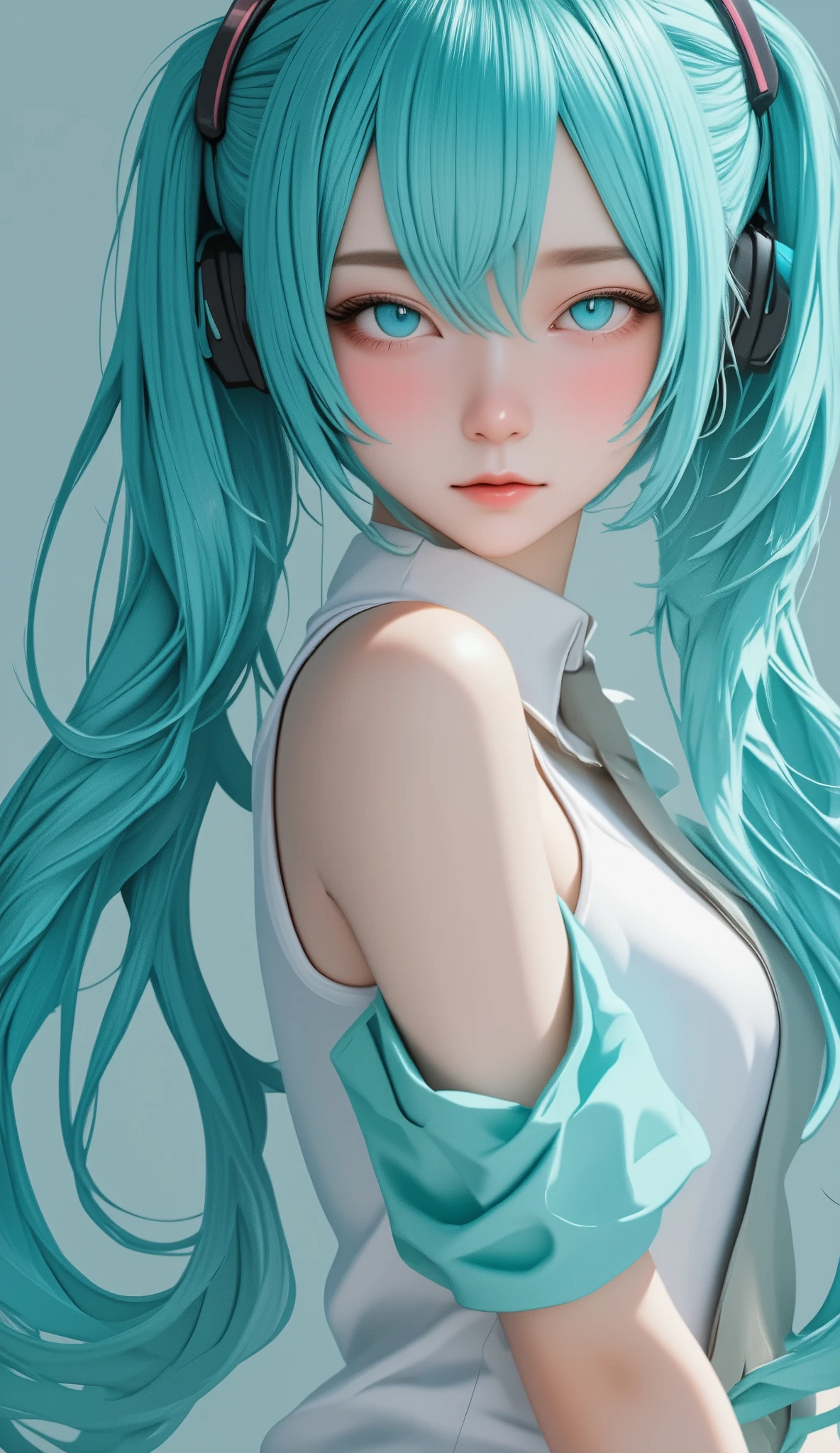  RAW photo,  perfect anatomy, Turquoise Hair,  sexy, Adorable,  small eyes , Expressionless, Squat,  twin tails、 Hatsune Miku,  Official Art， Unity 8K Wallpaper， very detailed，Beautiful work， best quality，Realistic,Photo level、 best quality、 High Quality、masterpiece、