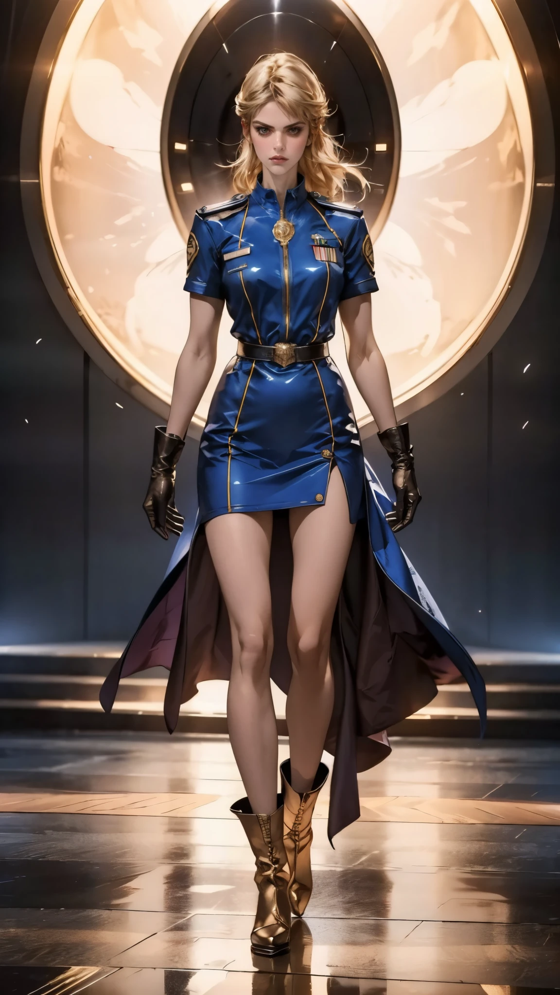 A high-Resolution Hyper detailed Full body drawing of an attractive young woman resembling Sophia Lillis, with short hair, dressed in a hyper-detailed Blue Star Fleet Uniform from Star Trek blended with Ancient Greek (ultra short length) tunic, Full body portrait in the style of Frank Frazetta, Bruce Pennington, aND DOUGLAS BECKMAN on the street a futuristic Sci-Fi city with a mix of modern and ancient buildings