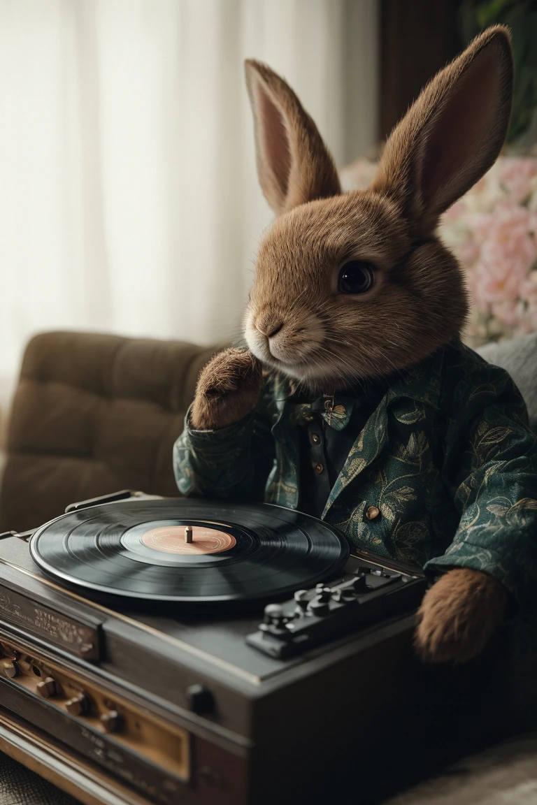 (best quality, photorealistic, ultra-detailed:1.2), a cute pixar-style anthro rabbit is listening to a vintage record player in the living room, afternoon, content smile, nice single seater sofa