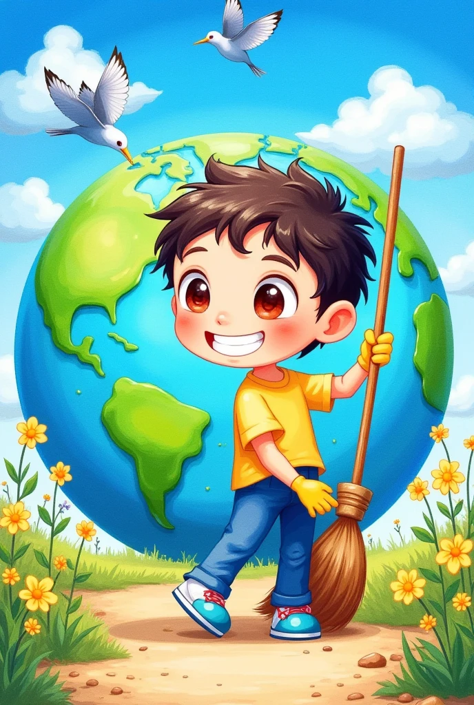 A cute cartoon illustration shows an earth with a smiling face holding a broom and doing spring cleaning in the center on a clean background. A young boy is sweeping around it. The road leading to the planet Earth has green grass and flowers growing along its sides. In front there is a sky blue with white clouds. Two birds are flying over in the distance. In the style of watercolor