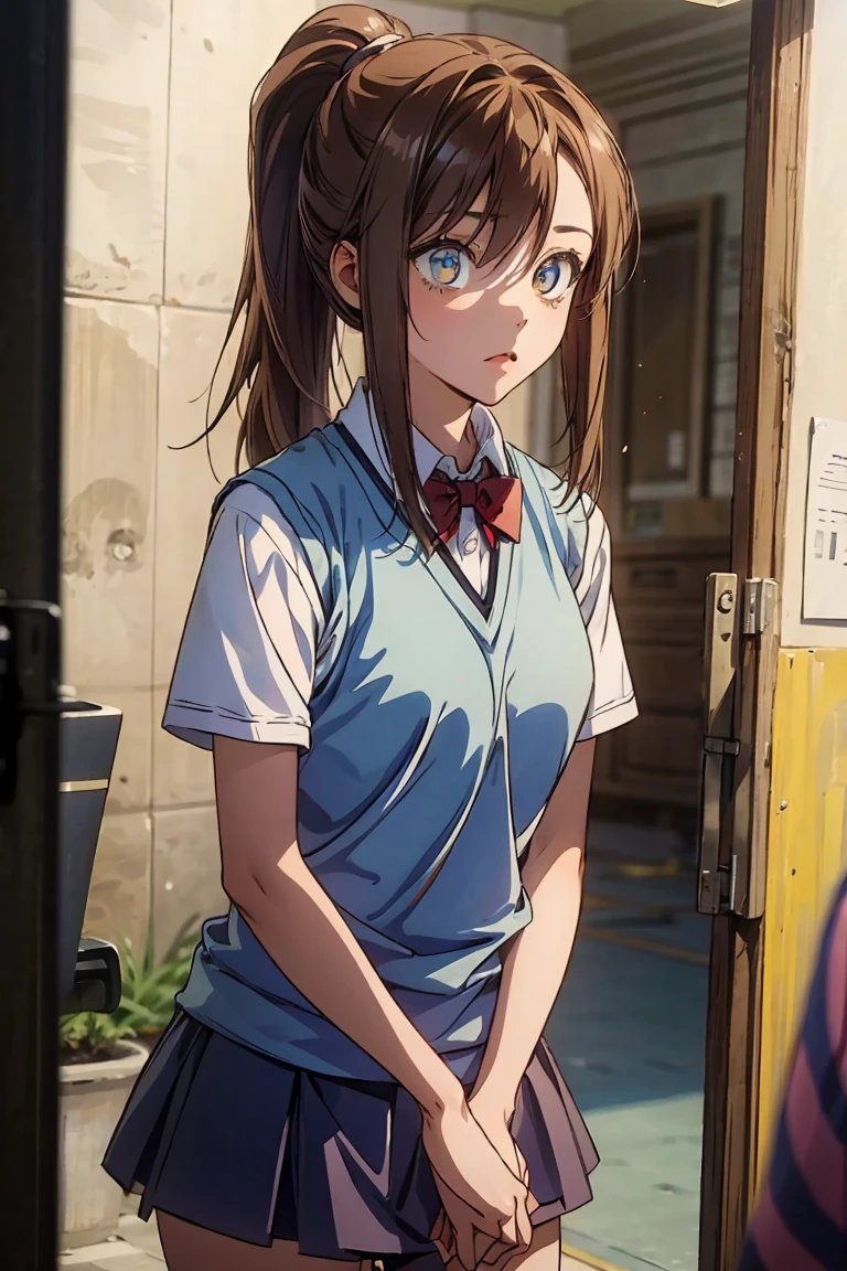 an1, brown eyes, ponytail, 
BREAK (orange sweater vest, short sleeves, red bowtie, blue miniskirt:1.2),
BREAK street, standing,
BREAK (masterpiece:1.2), best quality, high resolution, unity 8k wallpaper, (illustration:0.8), (beautiful detailed eyes:1.6), extremely detailed face, perfect lighting, extremely detailed CG, (perfect hands, perfect anatomy),