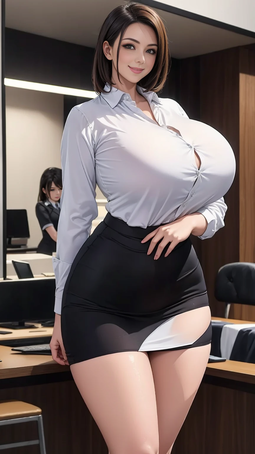  (solo:1.8),(ultimate Chubby beautiful Ukrainian mature secretary) ,  (Form-fitting ultimate business collared White shirt:1.8),(business shirts is ultimate all white:1.8),(Form-fitting white super Miniskirt:1.8),(lewd erotic),(curve:1.8), (seductive Smile: 1.8), tights,(huge breasts:1.8), (wide hips:1.8),voluptuous, thicc, curvy,(close to  Viewer:2.5),(black short hair style),(full body shot:1.2),(Beautiful Morning view of town:1.2),(masutepiece,High quality,16k:1.1),(depth of fields:1.3) ,