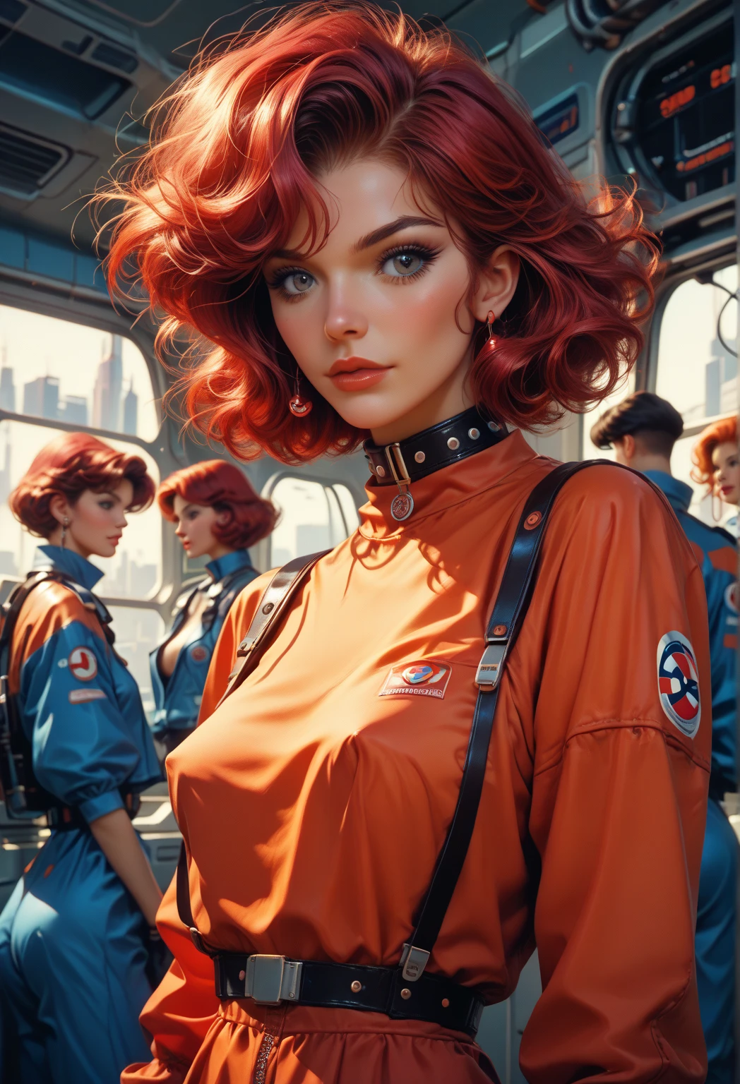 Retro futuristic, ((retro futurism)), 3 girls, crimson hair, leather collars, ((Science fiction)), 1950s, (((1960s))), revealing sci fi uniform, explicit pornographic pose, wearing a shinestrap bra