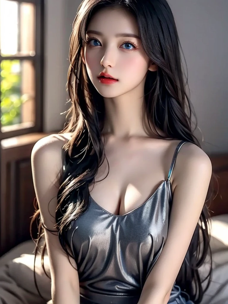  portrait、Realistic、 elegant mature woman、 blue eyes、 shiny black hair、 straight hair、4K resolution、 High Quality CG、Beautiful CG、Soft light、 camisole 、bedroom、Beautiful breasts