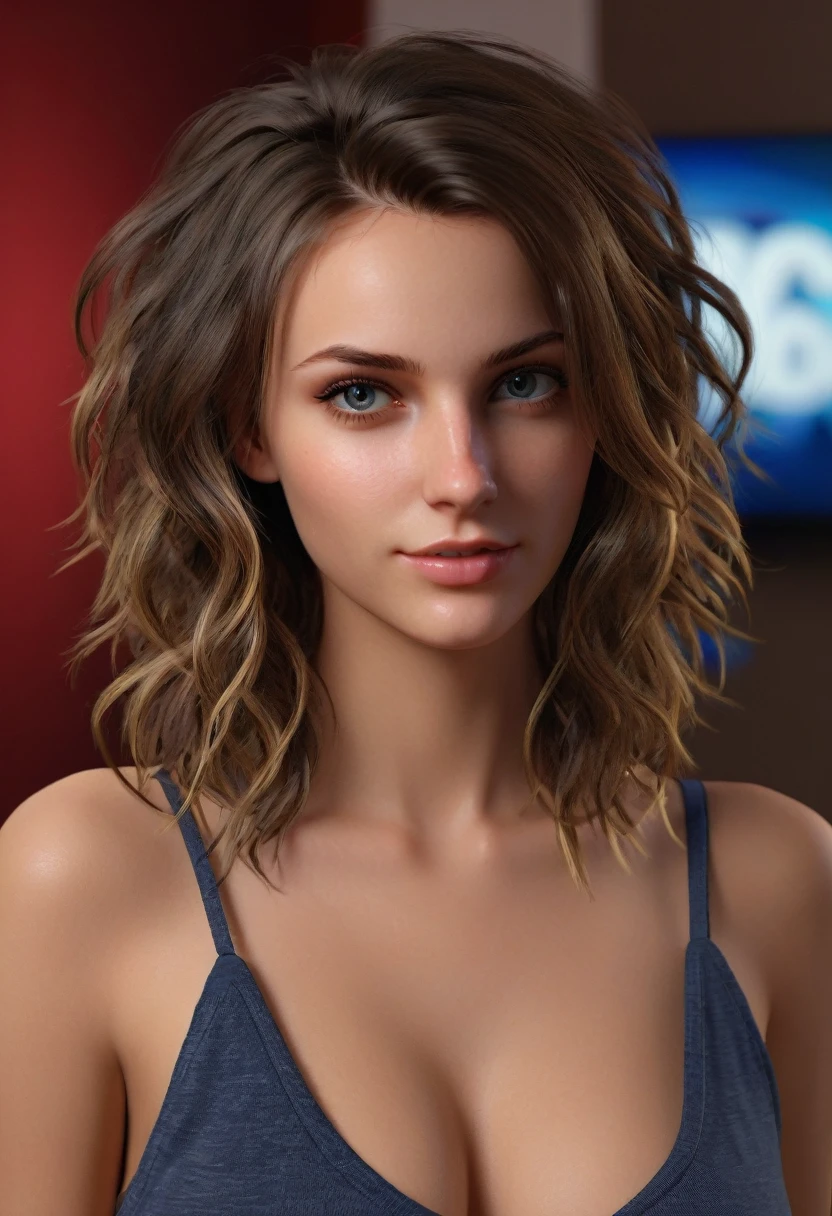 Realistyczne, sexy Realistic multiplier on 6743x, Photorealistic, Extremely attractive 26 yo girl, 1girl solo, American, close-up, girl next door, baggy clothes, night, messy hair, UDAN rendering enabled on ultra