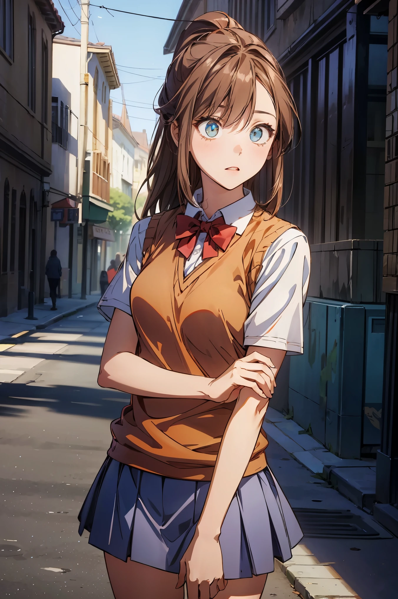 an1, brown eyes, ponytail, 
BREAK ((orange sweater vest, short sleeves, red bowtie, blue miniskirt:1.2)),
BREAK street, standing,
BREAK (masterpiece:1.2), best quality, high resolution, unity 8k wallpaper, (illustration:0.8), (beautiful detailed eyes:1.6), extremely detailed face, perfect lighting, extremely detailed CG, (perfect hands, perfect anatomy),