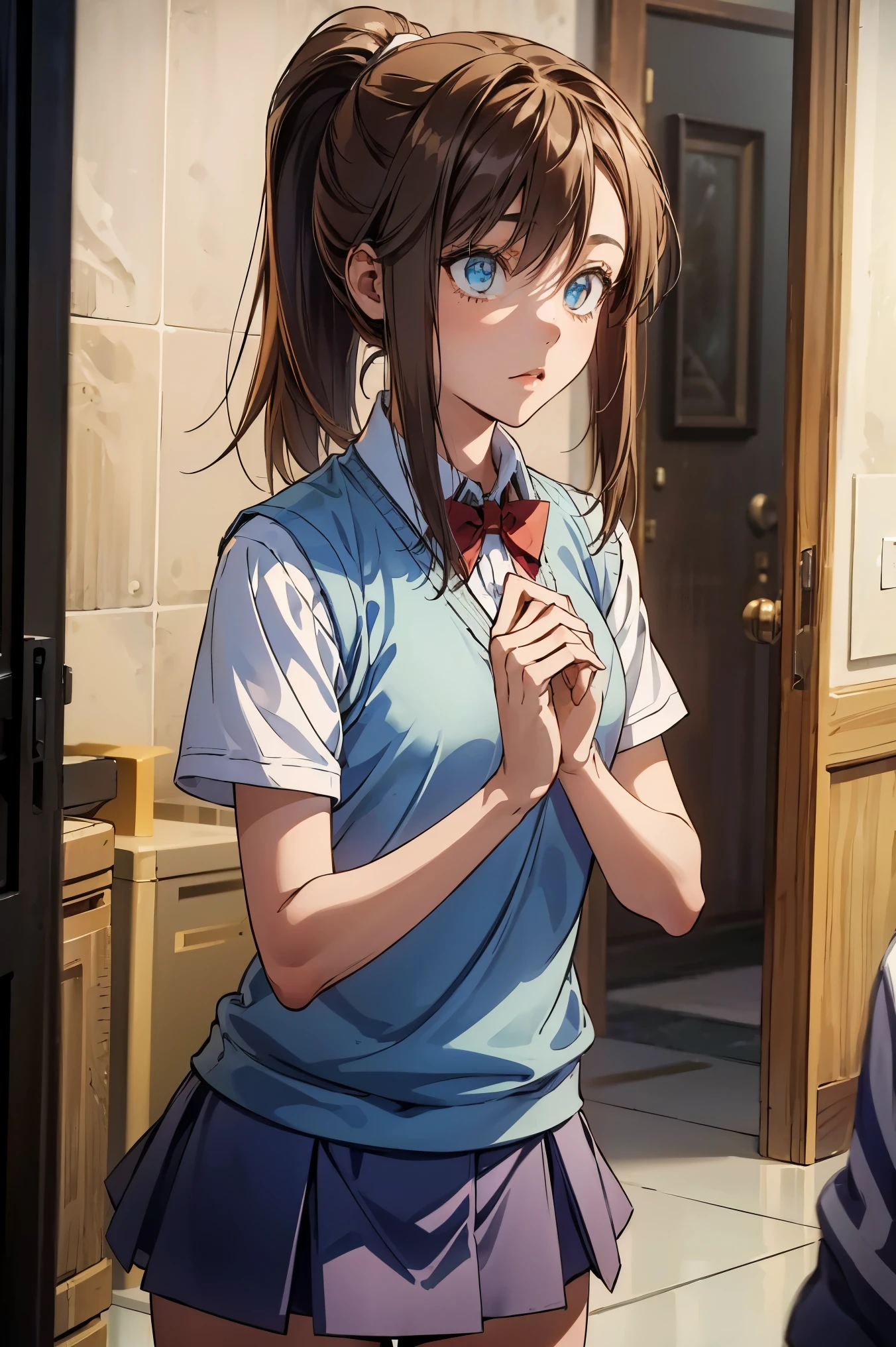 an1, brown eyes, ponytail, 
BREAK ((orange sweater vest, short sleeves, red bowtie, blue miniskirt:1.2)),
BREAK street, standing,
BREAK (masterpiece:1.2), best quality, high resolution, unity 8k wallpaper, (illustration:0.8), (beautiful detailed eyes:1.6), extremely detailed face, perfect lighting, extremely detailed CG, (perfect hands, perfect anatomy),