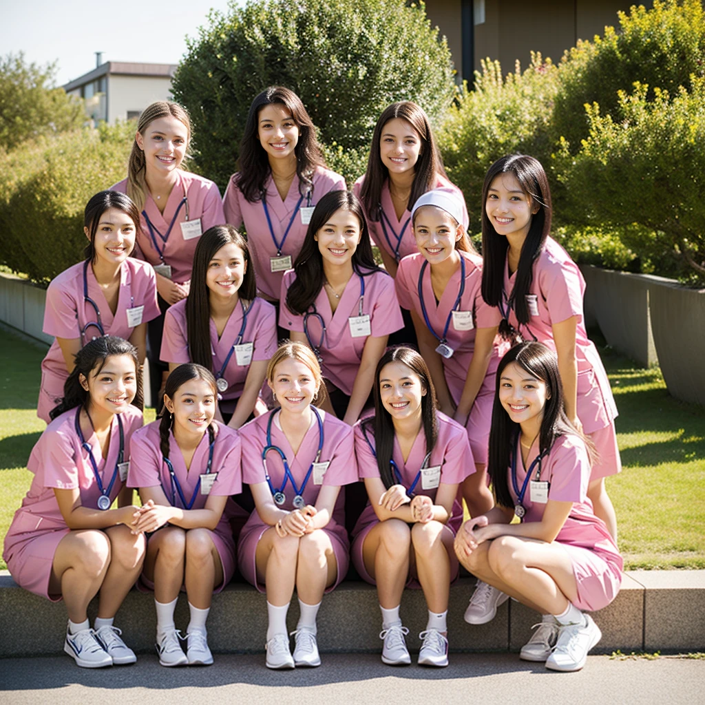 A group of eight young nurses posing outdoors, smiling warmly in pink nurse uniforms. They wear matching headscarves and simple shoes, standing and sitting together in a friendly and relaxed arrangement. The background consists of stone walls, giving the setting a calm, institutional feel, like that of a hospital or nursing school. The light is natural, with soft daylight illuminating the scene, capturing a sense of teamwork, youth, and care.
