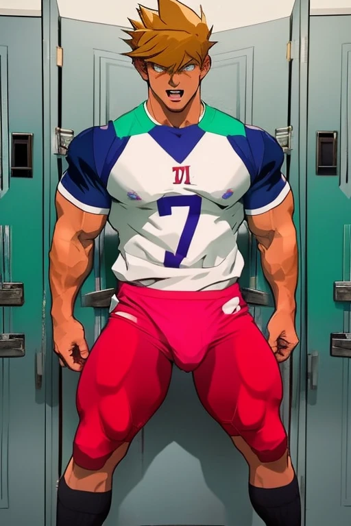 Jounouchi Katsuya from Yu-Gi-Oh, bodybuilder, sweaty, defined body, big legs, locker room, leaning against the lockers, wearing football uniform, vapid stare, sweaty body, big bulging crotch, shoulder pads, football jersey, football cleats, football pants, hypnotized blank stare, open mouth, hyper muscles, hyper swollen crotch bulge, bro, dumber, IQ drain, dummy, dumbed down, meathead, musclehead, dumb jock, brainwashed, flexing, hyper crotch bulge, big biceps, big triceps, big traps. broad shoulders, big meaty pecs, big thighs, thick glutes, bubble butt, hyper muscles, football team assimilation, brainwashed, brainwashing, bro, mindless, mindless bliss, "I am a big dumb jock boy.... I am a big dumb jock boy.... Mindless, brainless, meathead jock.... I am a big dumb jock boy.... Make more jocks.... Join the team.... You'll be a big dumb jock boy.... Obey, be a good dumb jock boy.... Grow to a big dumb jock boy....  Become just a big dumb jock boy.... No more than a big dumb jock boy.... Give up. Give in. Transform. Enjoy the fate of a big dumb jock boy. No thoughts for a big dumb jock boy.... Like me, you're a big dumb jock boy.... I am a big dumb jock boy.... Just be a big dumb jock boy.... Must be a big dumb jock boy.... No more than a big dumb jock boy...."